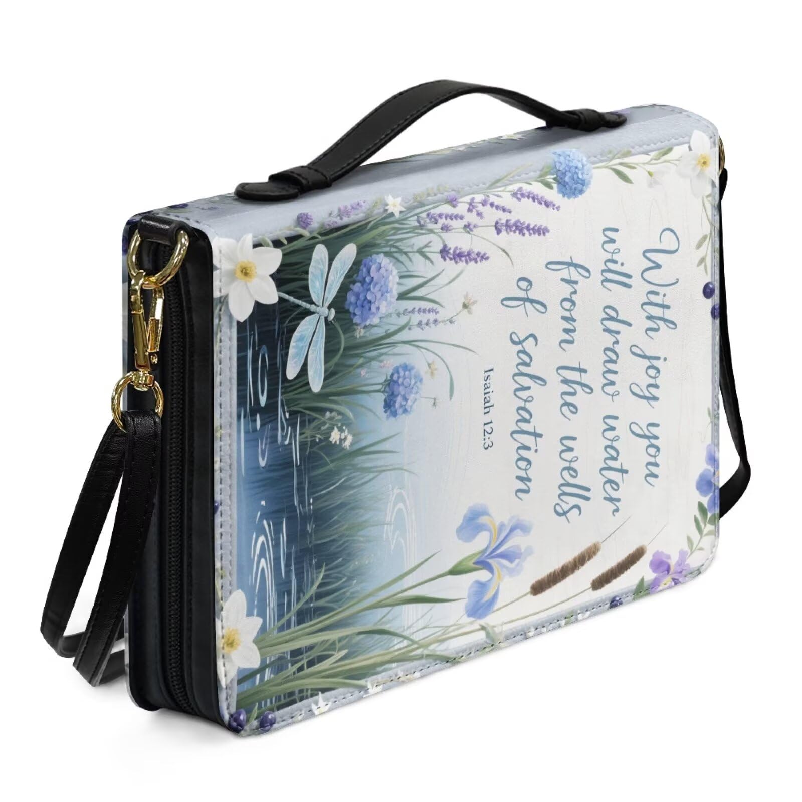 Kuiaobaty Blessing Quotes Bible Case Dragonfly Floral Book Bags with Shoulder Strap, Inspired Lord Quote Bible Book Bag Christian Gift for Women,M