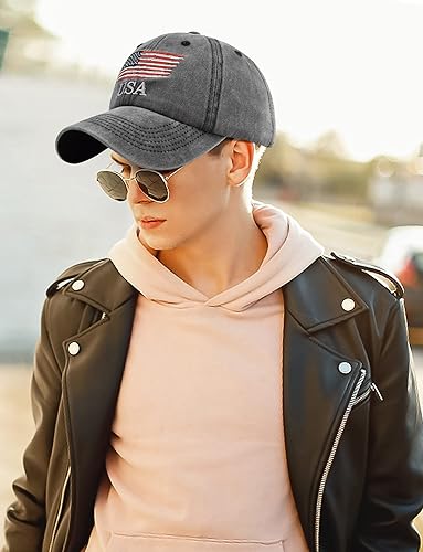 Miniatura 4 de SEAUR Gorra de béisbol de algodón desgastado lavado con bandera americana, estilo vintage, bordado, ajustable, para hombre y mujer