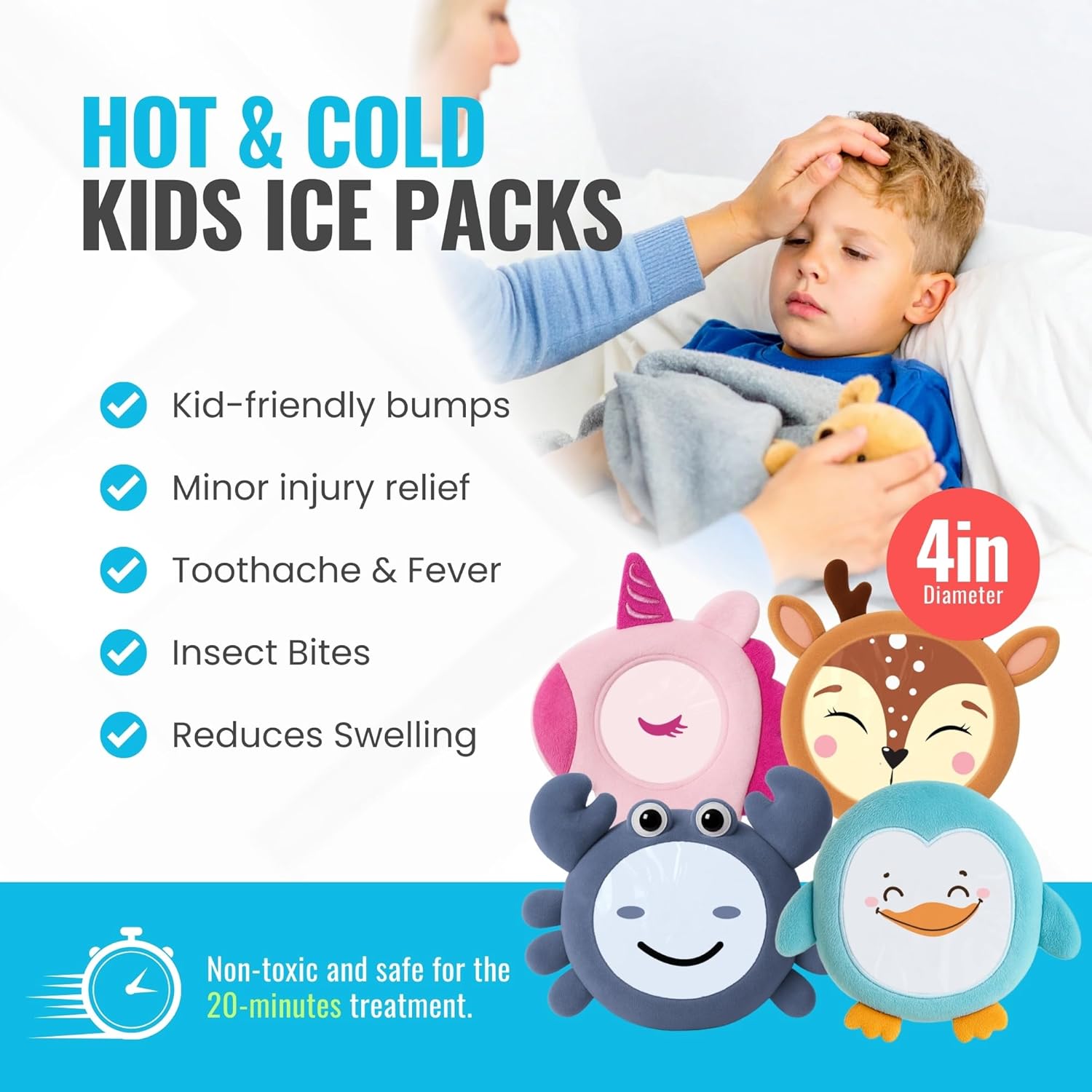 ICEWRAPS Small Reusable Ice Packs for Kids Boo Boos, Hot & Cold Packs with Cloth Cover, Baby Ice Pack for Fever & Minor Injuries, 4" (Pack of 4), Set B: Penguin, Deer, Crab, Unicorn – FSA-HSA Eligible