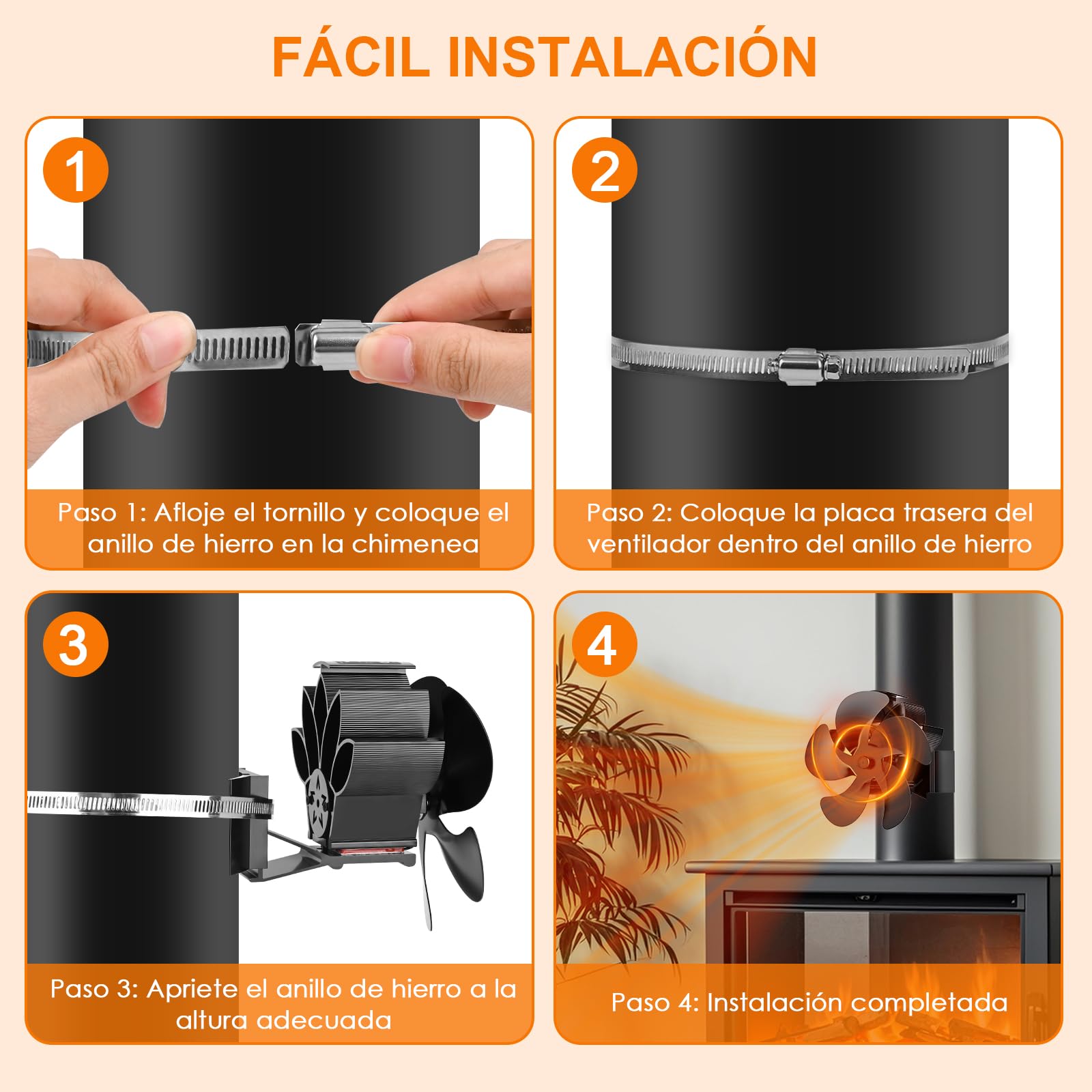 Dreamhigh® Ventilador Estufa leña Magnético, Ventilador Chimenea Silencioso Con Anillo De Repuesto Para La Distribución Del Calor, Para Estufa De Leña, Chimenea Y Horno