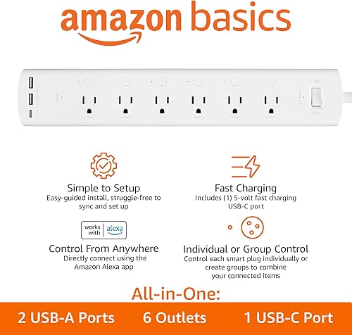 Miniatura 2 de Tienda Basics Regleta de enchufe inteligente con 6 tomas controladas individualmente y 3 puertos USB (2 USB-A y 1 USB-C), funciona solo con Alexa,