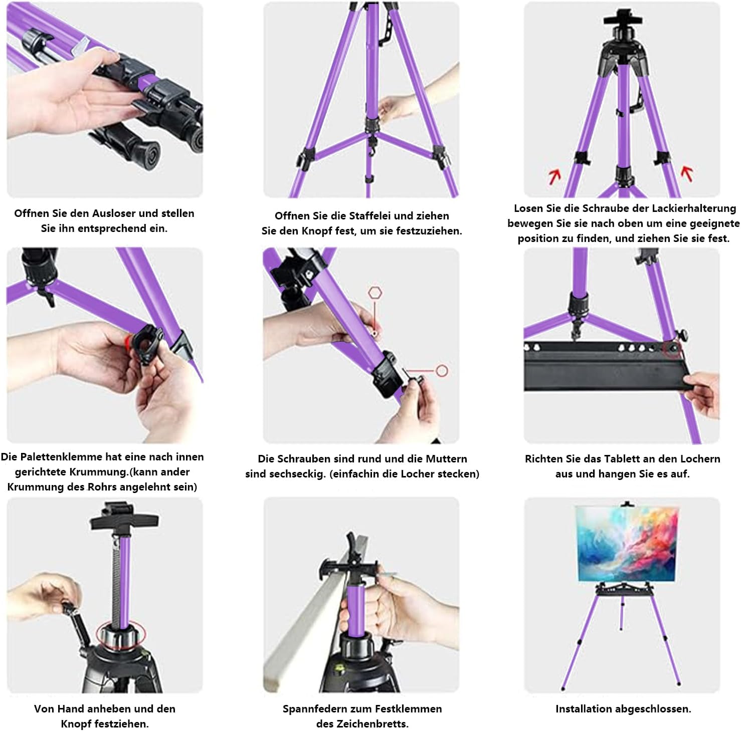 Easel for Painting, Portable & Foldable Easels Stand, Height-Adjustable 22'' to 62'', Equipped with Tray, Water Bucket Hook, Spirit Level, Compass & Carrying Bag for Art Display,Travel - Purple