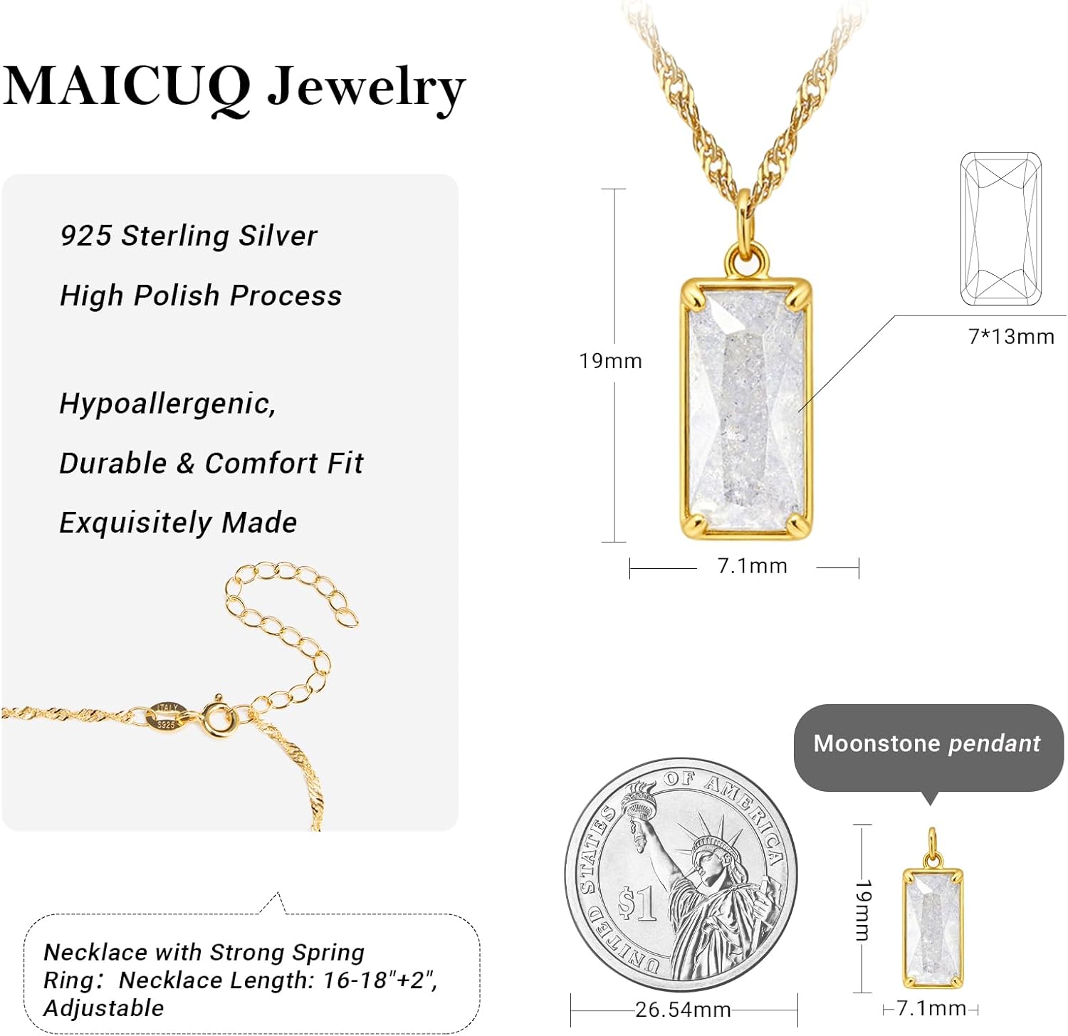 Rainbow Moonstone 18K Gold Solid 925 Sterling Silver Chain Necklace for Women Simple Dainty Necklaces Minimalist Link Silver Necklace 16-18 Inches With 2-Inch Extension Chain No Tarnish,Send Gift Box Valentine's Day - Image 3