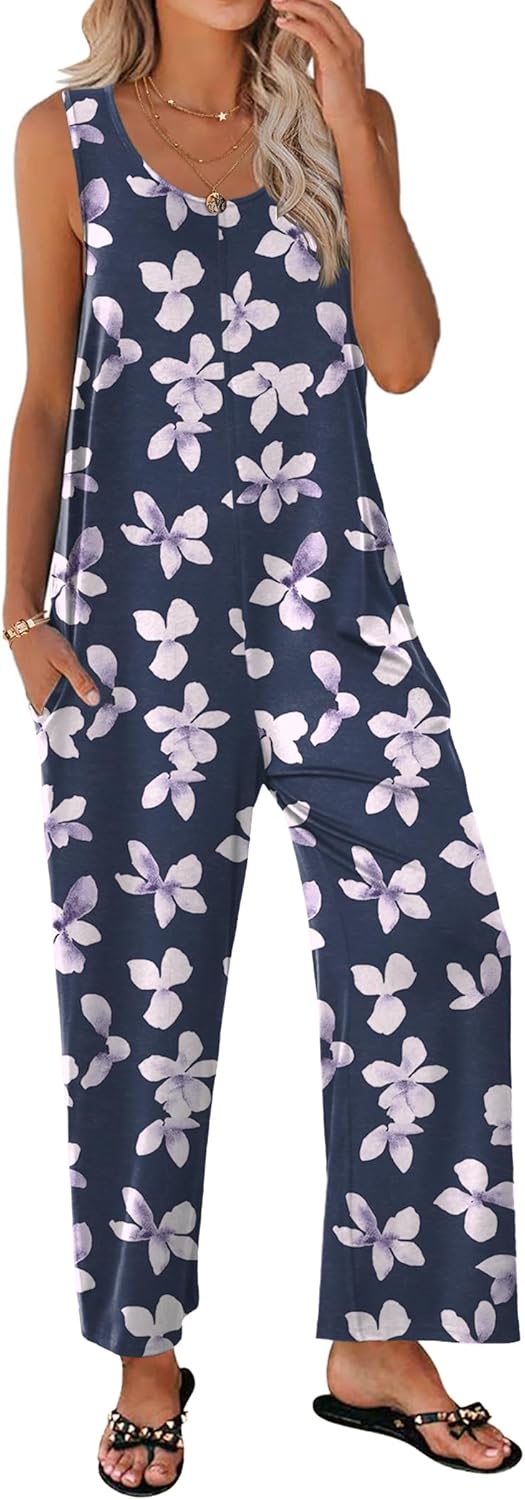 Ekouaer Sleeveless Jumpsuits for Women Casual Summer Scoop Neck Tank Rompers Wide Leg Pants Overall Jumpers with Pockets Flower Medium