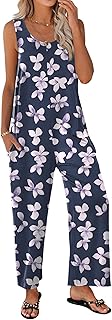 Sleeveless Jumpsuits for Women Casual Summer Scoop Neck Tank Rompers Wide Leg Pants Overall Jumpers with Pockets