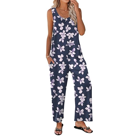 Ekouaer Floral Jumpsuits for Women Tank Loose Wide Leg Flowers Rompers Overalls Outfits for Vacation PAT1 Large