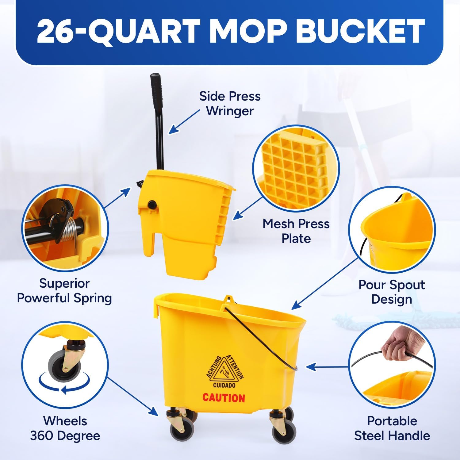 26-Quart Yellow Side-Press Mop Bucket and Wringer Combo on Wheels with Two Wet Floor Caution Signs for Commercial Use Perfect for Professional Industrial Business Household