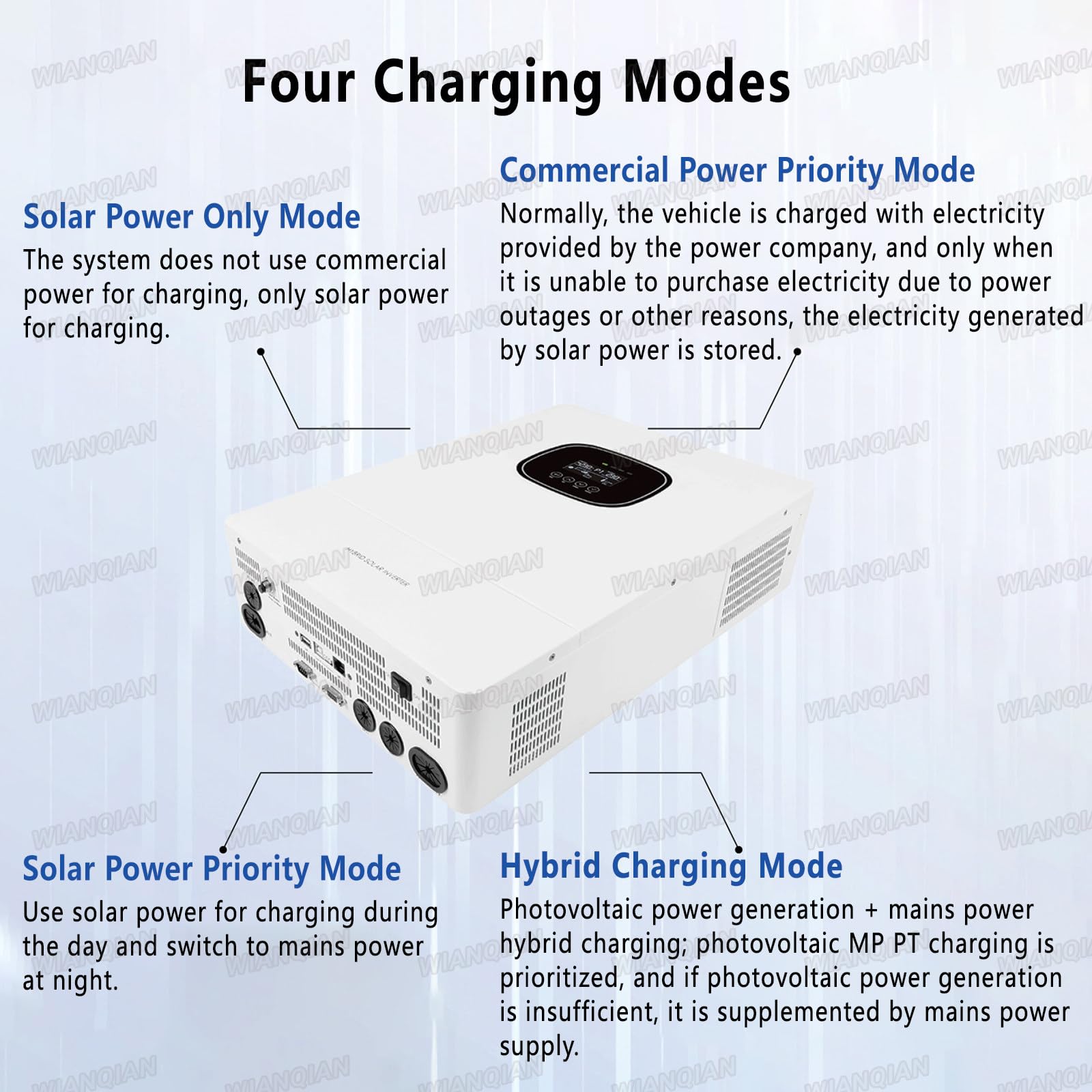 5.0KW Inversor Solar Híbrido con Cargador, Inversor Solar Híbrido Todo En Uno, Eficiencia De Seguimiento 99.5%, Funciona con 48V Litio, Soporta 9 Inversores En Paralelo, Plomo-Ácido, Etc