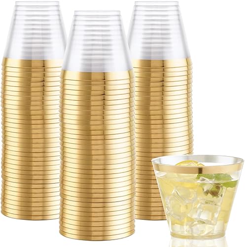 Hioasis 200 vasos de plástico dorados, vasos de plástico con borde dorado de 9 onzas, vasos de plástico transparente con borde dorado, vasos de