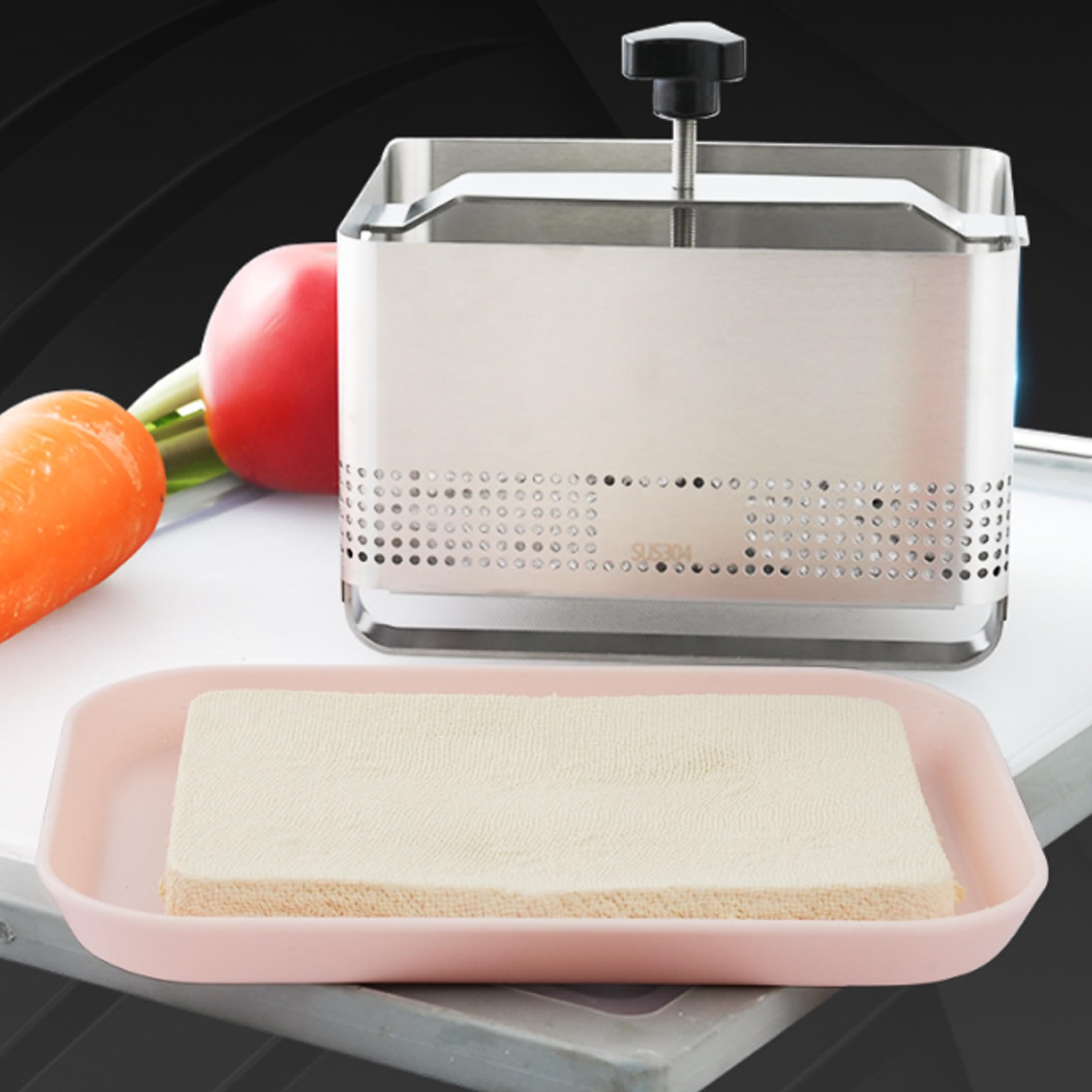 Tofu-Presse aus Edelstahl, Paneer- und Käsepresse – Schnellpress-Design mit Einstellbarer Dicke, inklusive Filterbeutel, Gaze und Abtropfschale, Tofu-Pressen