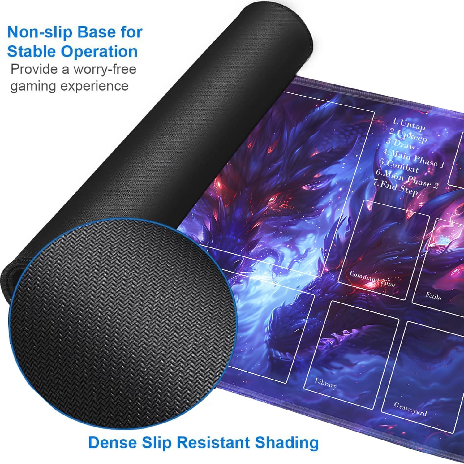 JVGFYNKL for TCG Playmat with Zones, 24x14 in Non-Slip Rubber for MTG Playmat with Drawstring Travel Pouch and 6 Dice, for MTG Mat, Blue Dragon Games Pattern Card Game Playmats