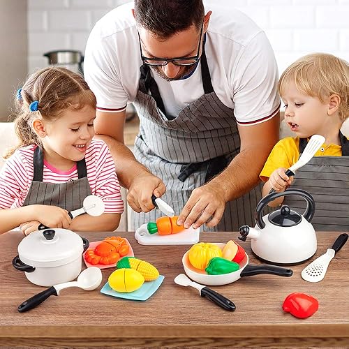 Miniatura 2 de D-FantiX Juego de accesorios de cocina para niños, ollas y sartenes para niños pequeños, juguetes de cocina para niños con utensilios, cuchillo,