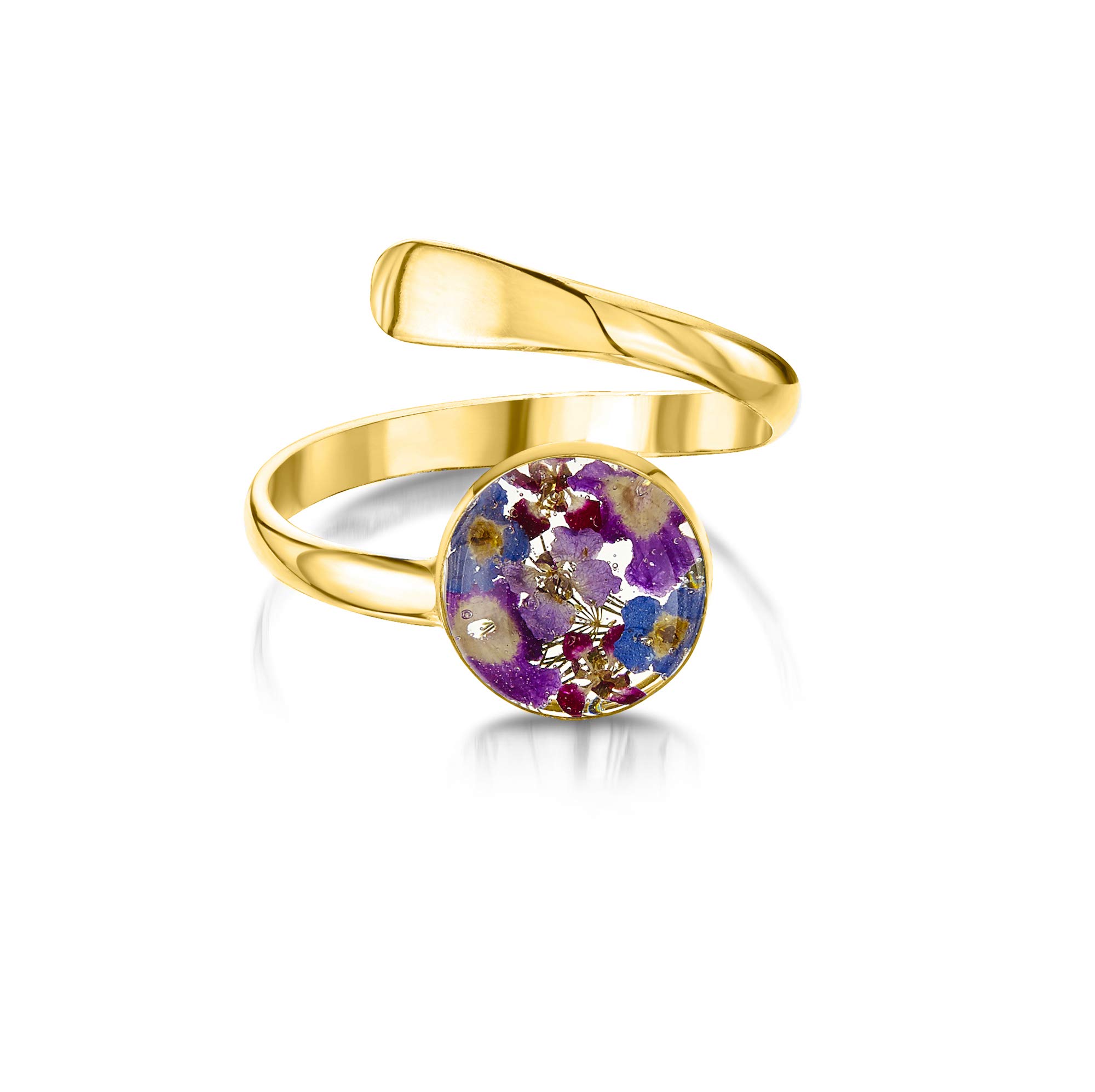Shrieking Violet, anello regolabile in argento Sterling placcato oro con fiori veri.