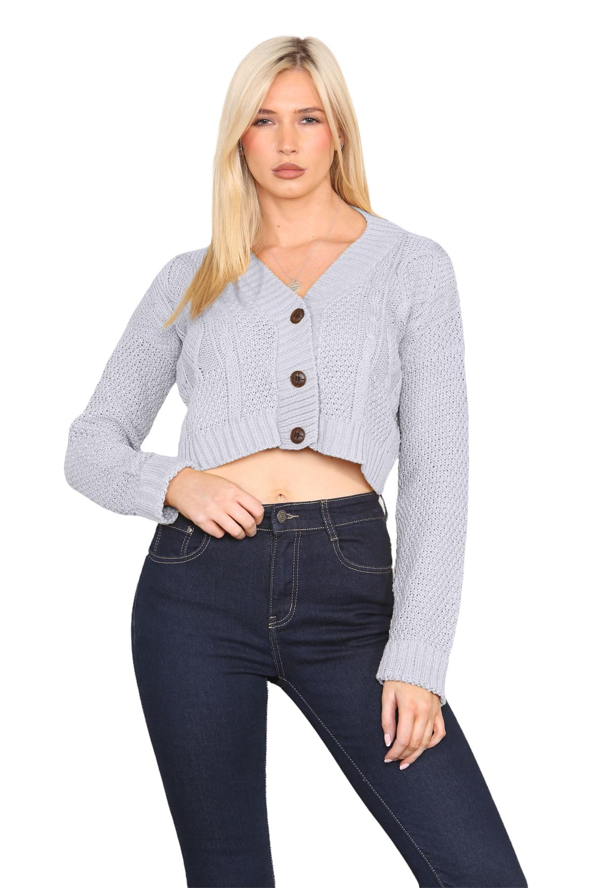 Janisramone Women's Grey Janisramone® Cable Knitted Cardigan, 3 Buttons Cropped Jumper Casual, Long Sleeve Top, Chunky Winter Cardigans For Uk, Short Warm Sweater - Party Jumpers