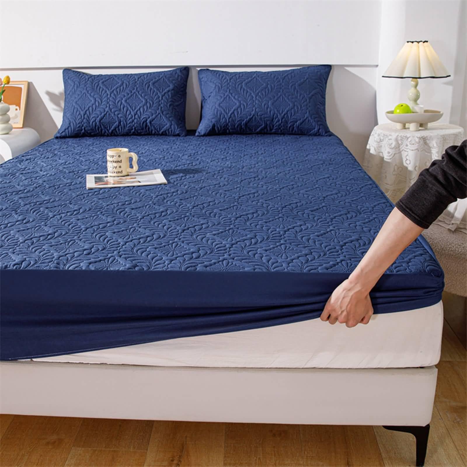 Pack de 3 Piezas Bajera Ajustable Poliéster Algodón, Color Sólido con Patrón de Floral, 200 x 220 CM + 2 Fundas de Almohada, Sábanas Bajeras Ajustables Azul Marino