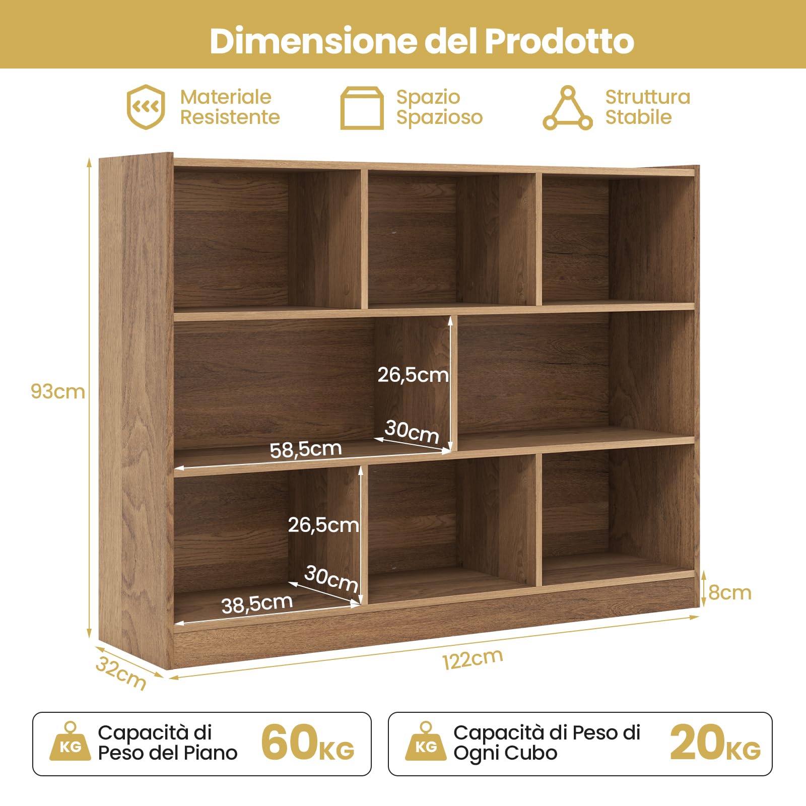 GYMAX Libreria a Cubi in Legno, Scaffale Aperto a 3 Livelli con 8 Cubi, Libreria Scaffale Espositore per Soggiorno, Camera da Letto, Cameretta, Angolo di Lettura, 122 x 32 x 93 cm (Naturale)