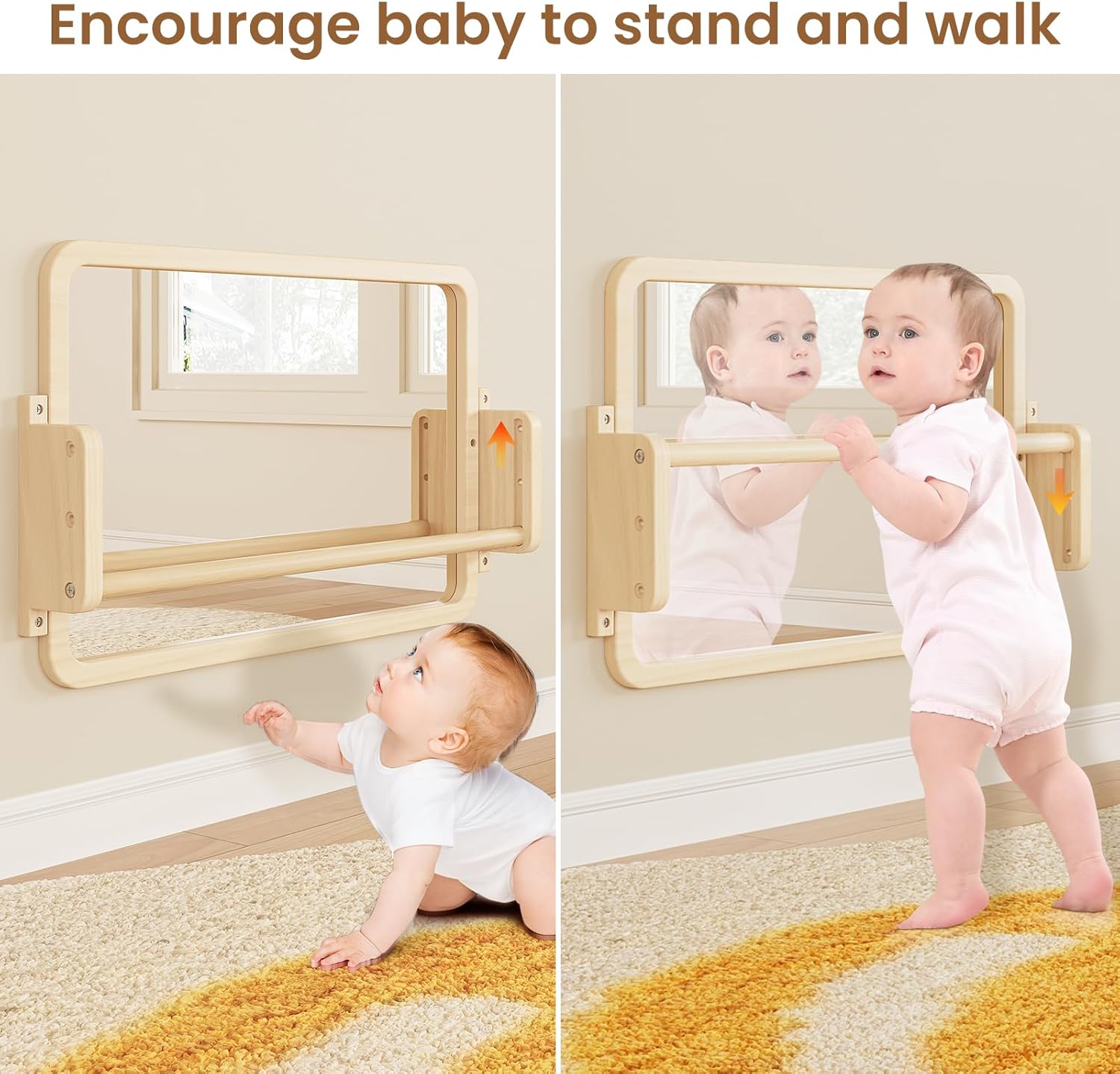 Woodtoe 3-in-1 Montessori Mirror with Bar, Adjustable Toddler Mirror & Pull Up Bar, Montessori Learning Toy for Baby 6-18 Months, Nursery Mirrors, Natural Wood Furniture for Daycare, Kids Classroom