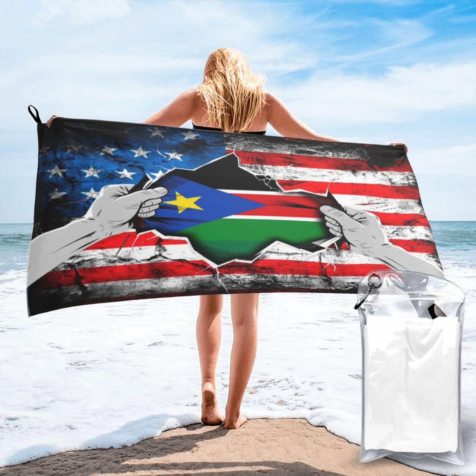 HACXZ American and South Sudan Flag Vintage Beach Towel Lightweight Absorbent Beach Towel Microfiber 27.5"X55"