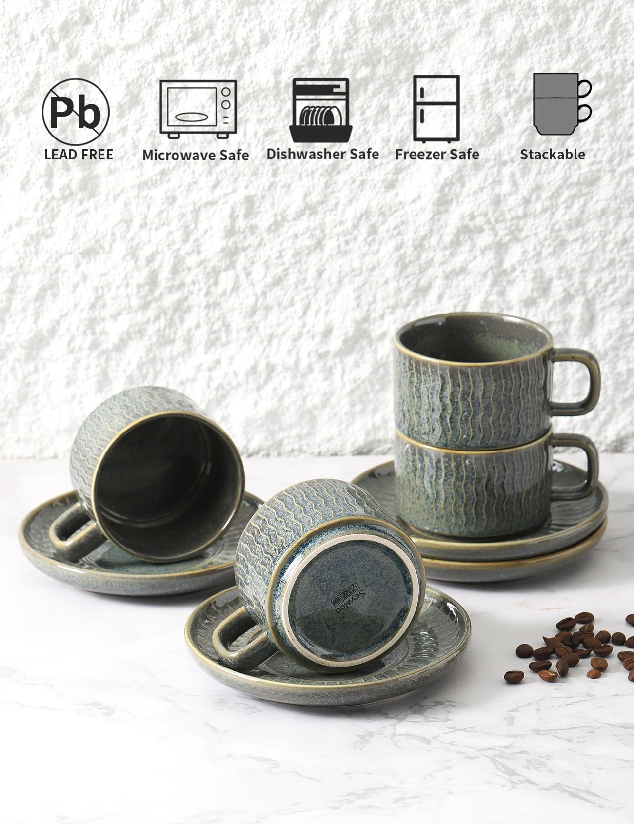 Keramik-Cappuccino-Tassen und Untertassen, 4er-Set, Kaffeetassen für Zuhause und Büro, Espressotassen für Kaffee, Cappuccino, Latte, Grün