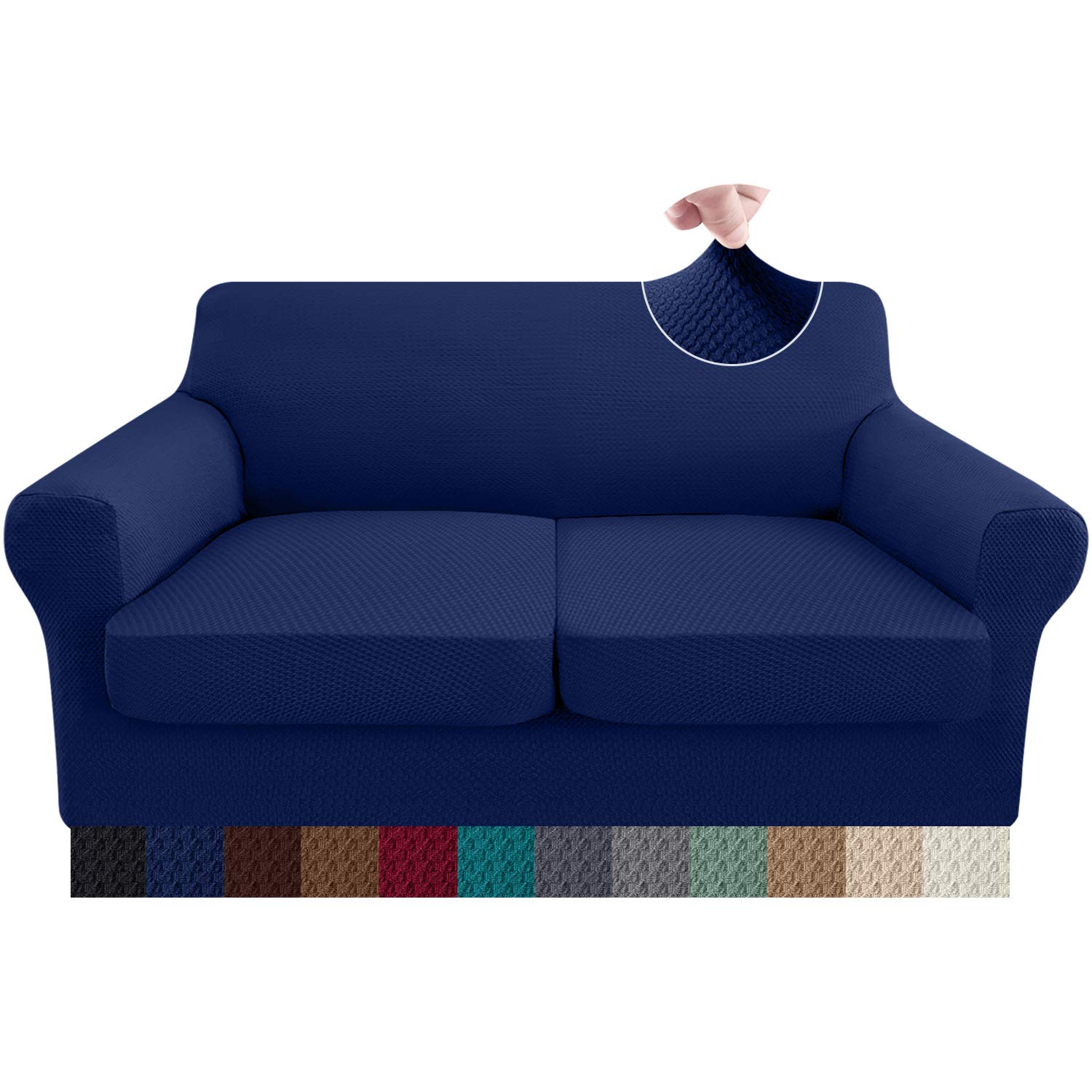 Granbest 3 Piece Stretch Sofa Slipcover Separate Cushion Couch Covers Thick Premium Loveseat Slipcover Jacquard Loveseat Sofa Cover for 2 Cushion Couch Furniture Protector (Medium, Navy Blue)