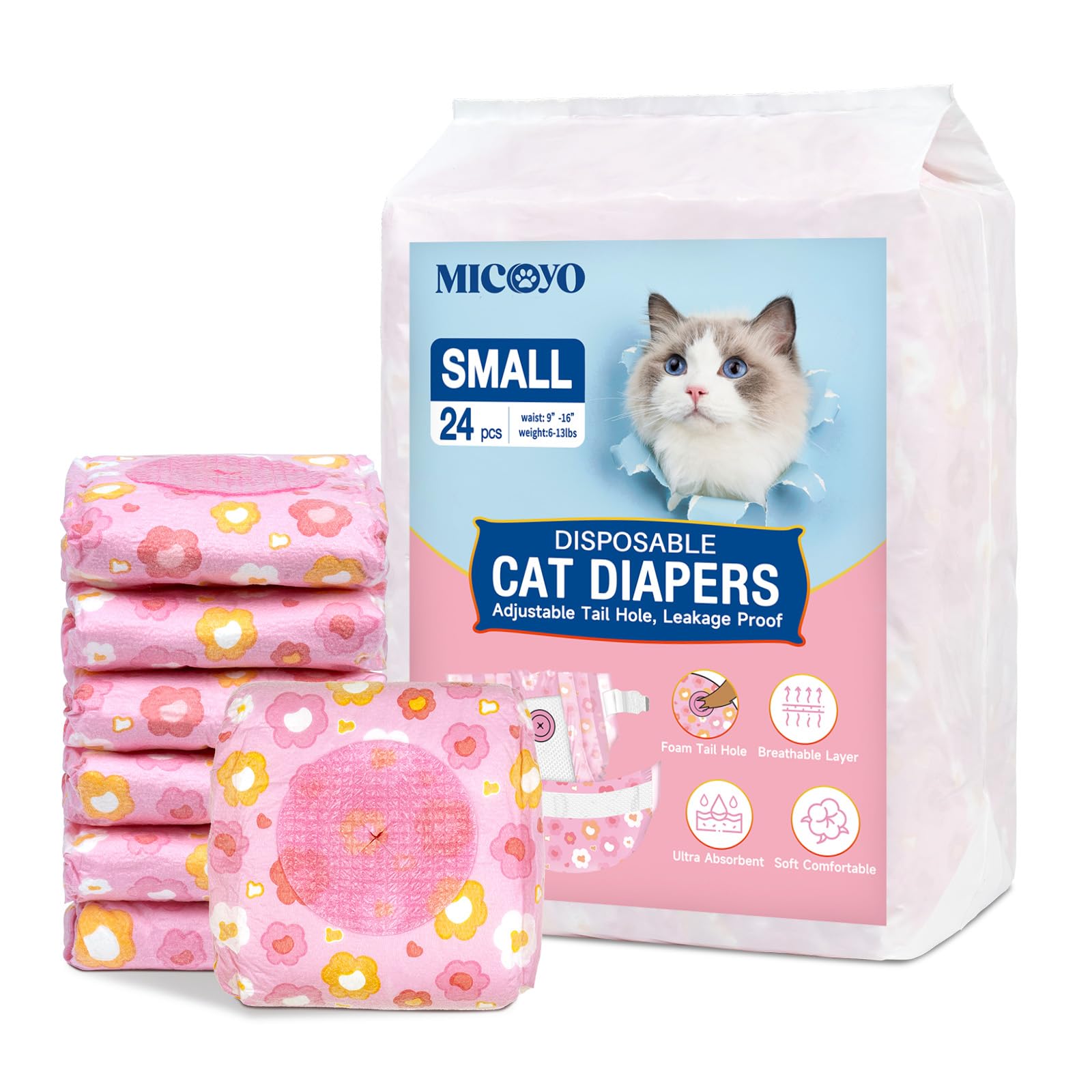 MICOOYO Disposable Cat Nappies Female Super Absorbent Puppy Nappies Cat Dog Hygiene Pants Cats Diapers for Female in Heat & incontinence(S, 24pcs,pink) — image 1