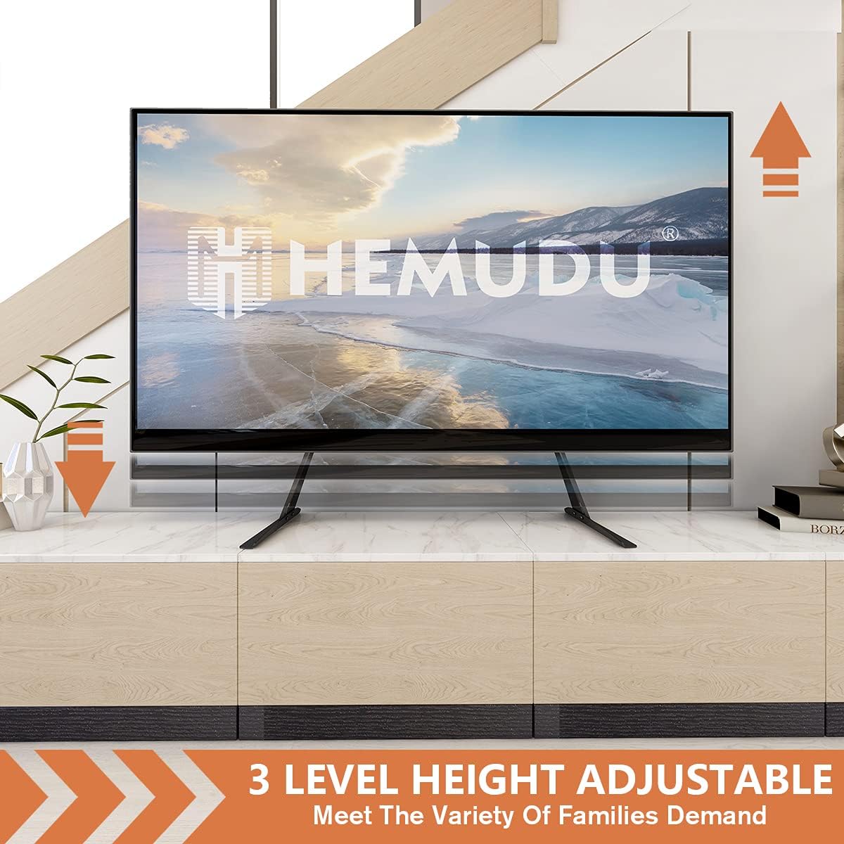 Diagram illustrating the 3-level height adjustment feature of the TV stand, showing a TV at different vertical positions.