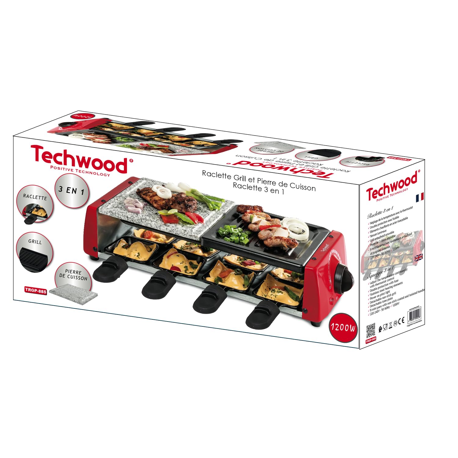Raclette-Grill-Plancha-Pierre de Cuisson, Techwood TRGP-885 1200 W, Inclus : 8 Poêlons - Coloris Rouge