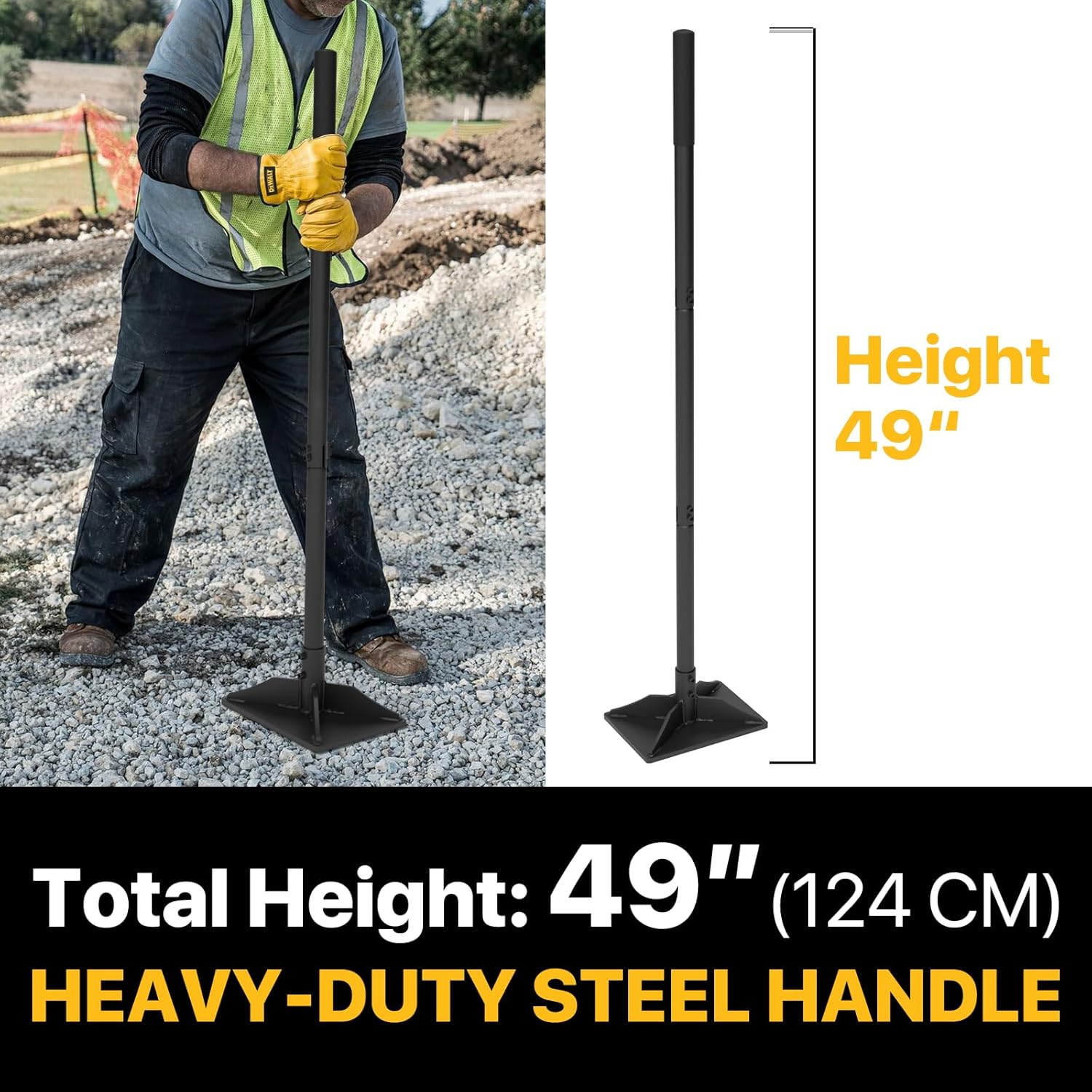 Steel Tamper Tool, Hand Tamper with Larger 8"x10" Rectangular Metal Tamper Head, 49 inch Long Handle Ground Tamper Tool for Dirt, Heavy Duty Garden Tamper for Soil, Landscaping, Black