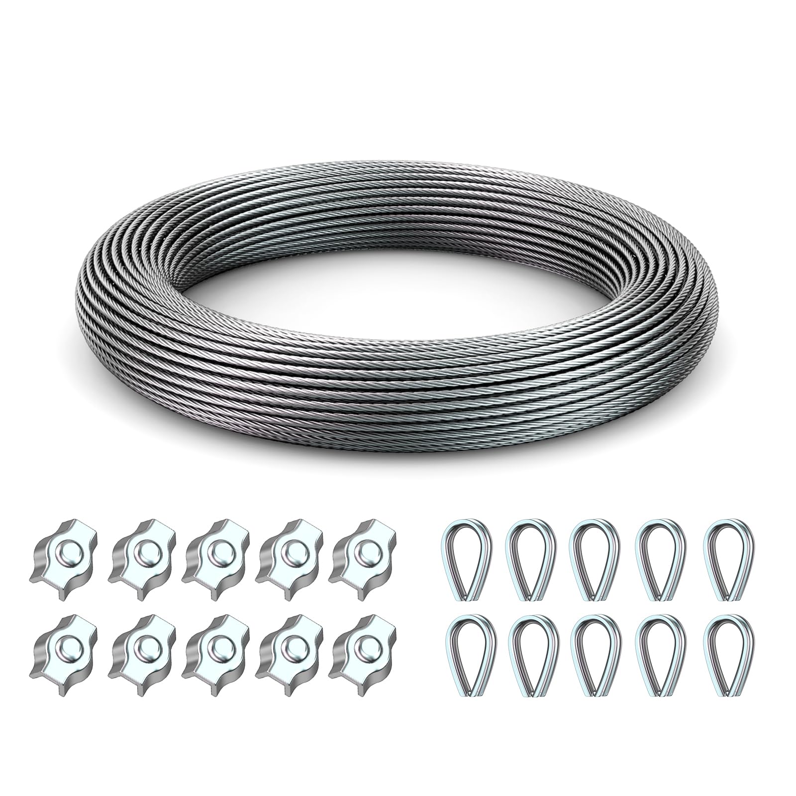 Edelstahlseil 2mm 50m - Mit Seilklammern & Herz-Bügeln Für Wäscheleine & Kletterpflanzen