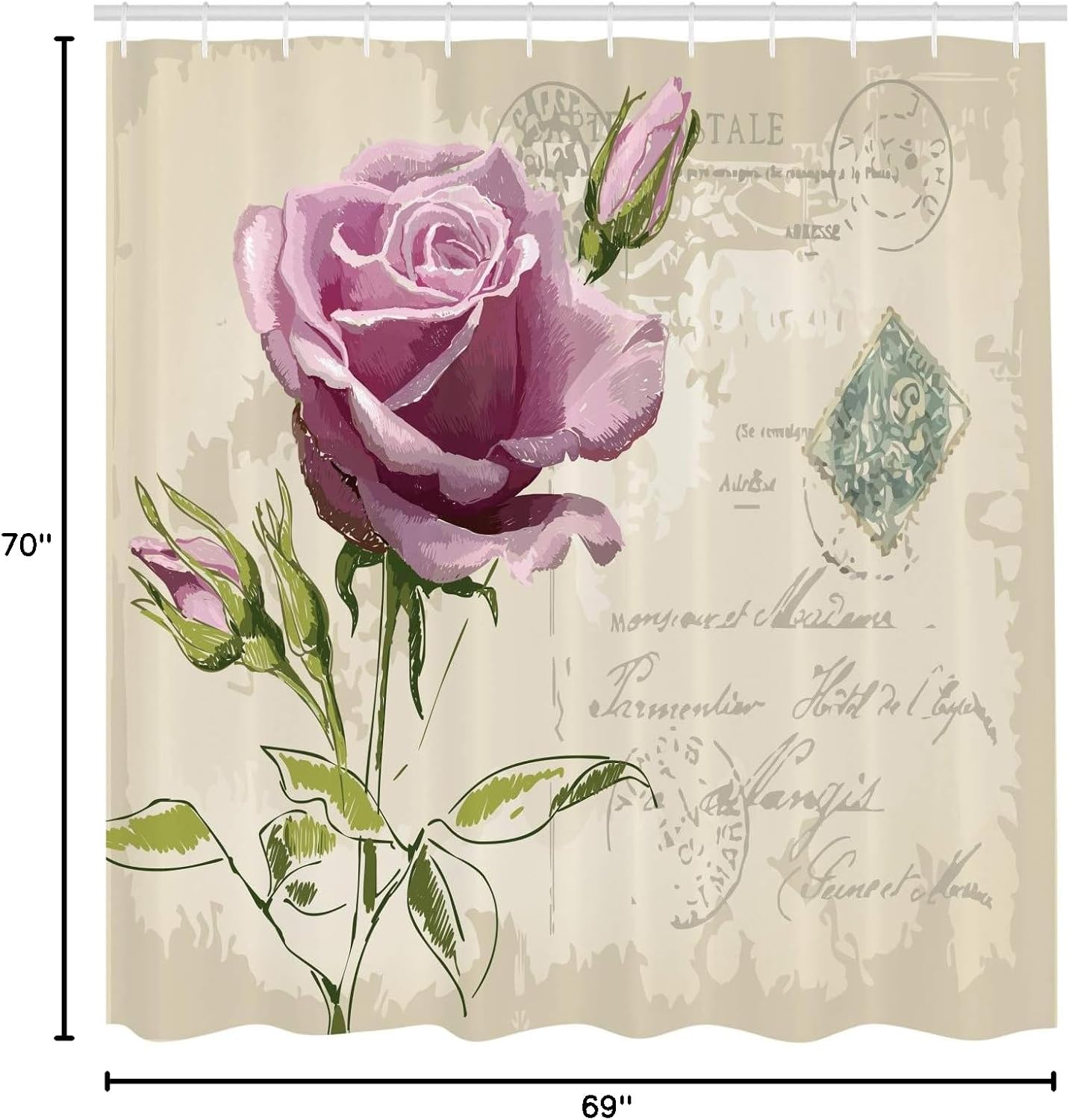 Ambesonne Rose Shower Curtain, Vintage Postcard Design Delicate Flower Blossom Hand Drawing Print, Cloth Fabric Bathroom Decor Set with Hooks, 69" W x 70" L, Tan Pale Pink Green