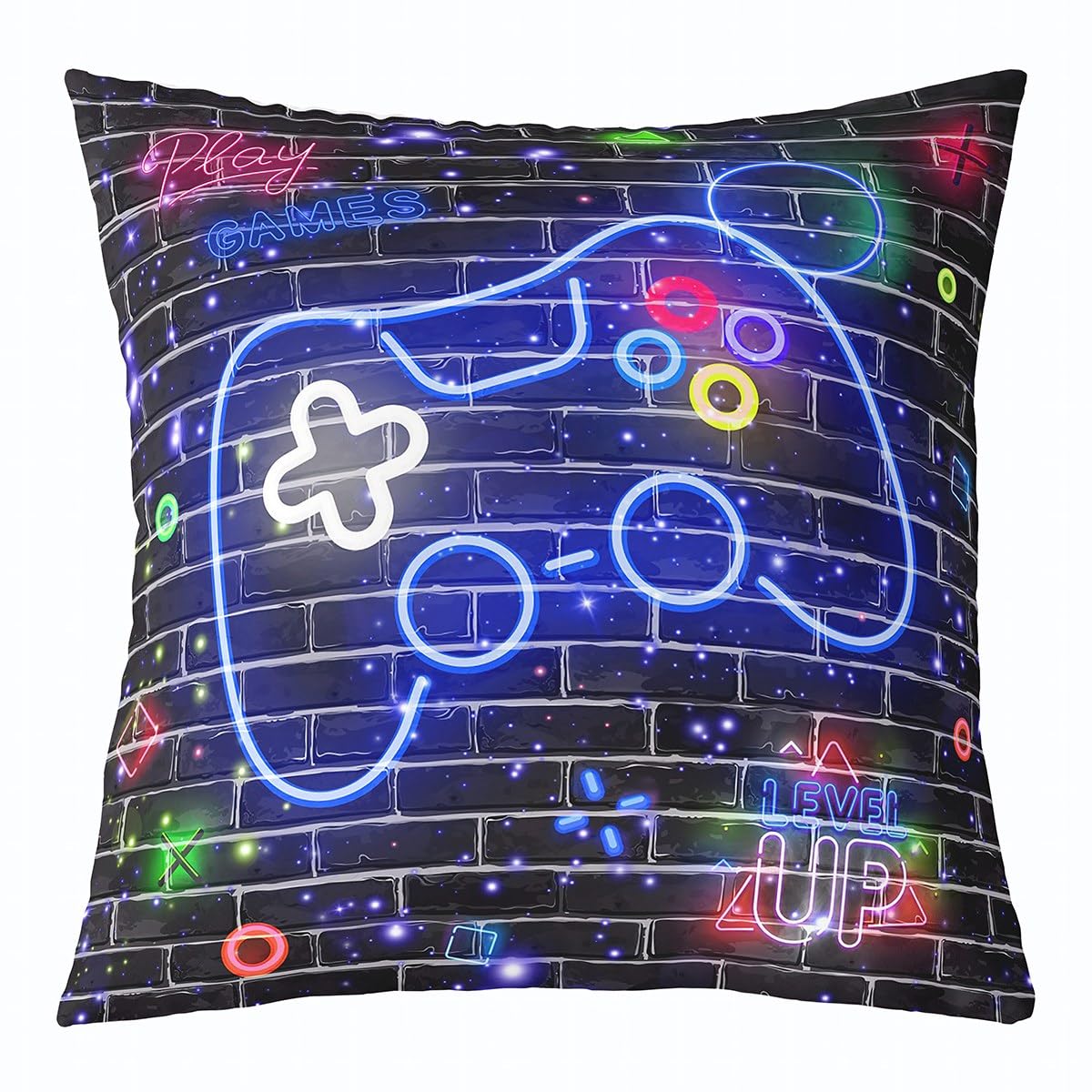 richhome Boy Teens Gaming Pillow Cover for Kids Teens,Neon Blue Gamepad 3D Geometric Gaming Throw Cushion Cover 18"x18",Neon Lights Gamepad Kids Gamer Room Decor Cushion Case for Couch and Bed
