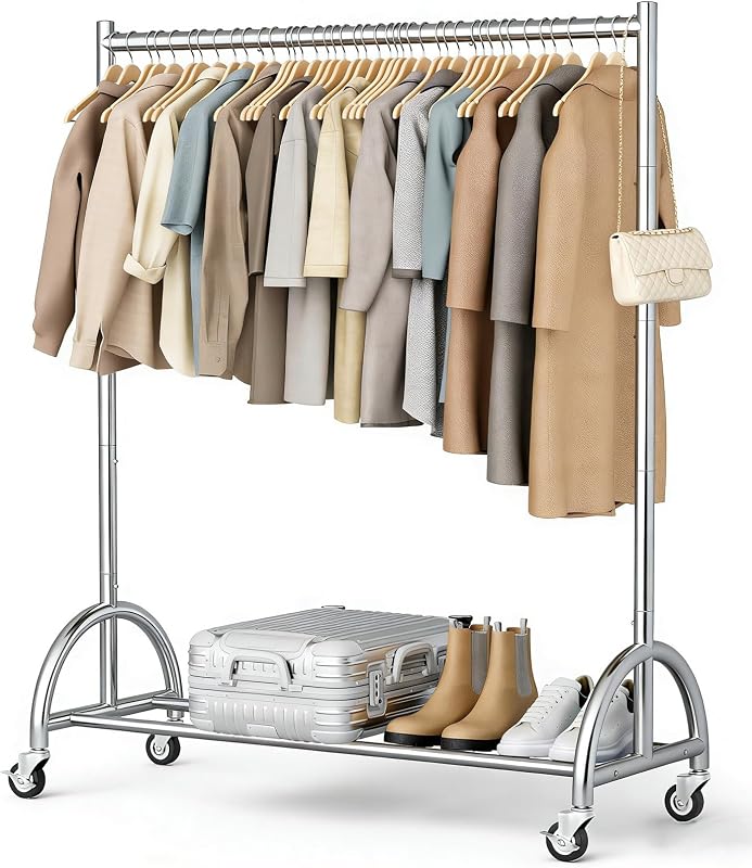 MISSLO Perchero resistente con ruedas para colgar ropa, abrigos, prendas de vestir, vestidos, color plateado