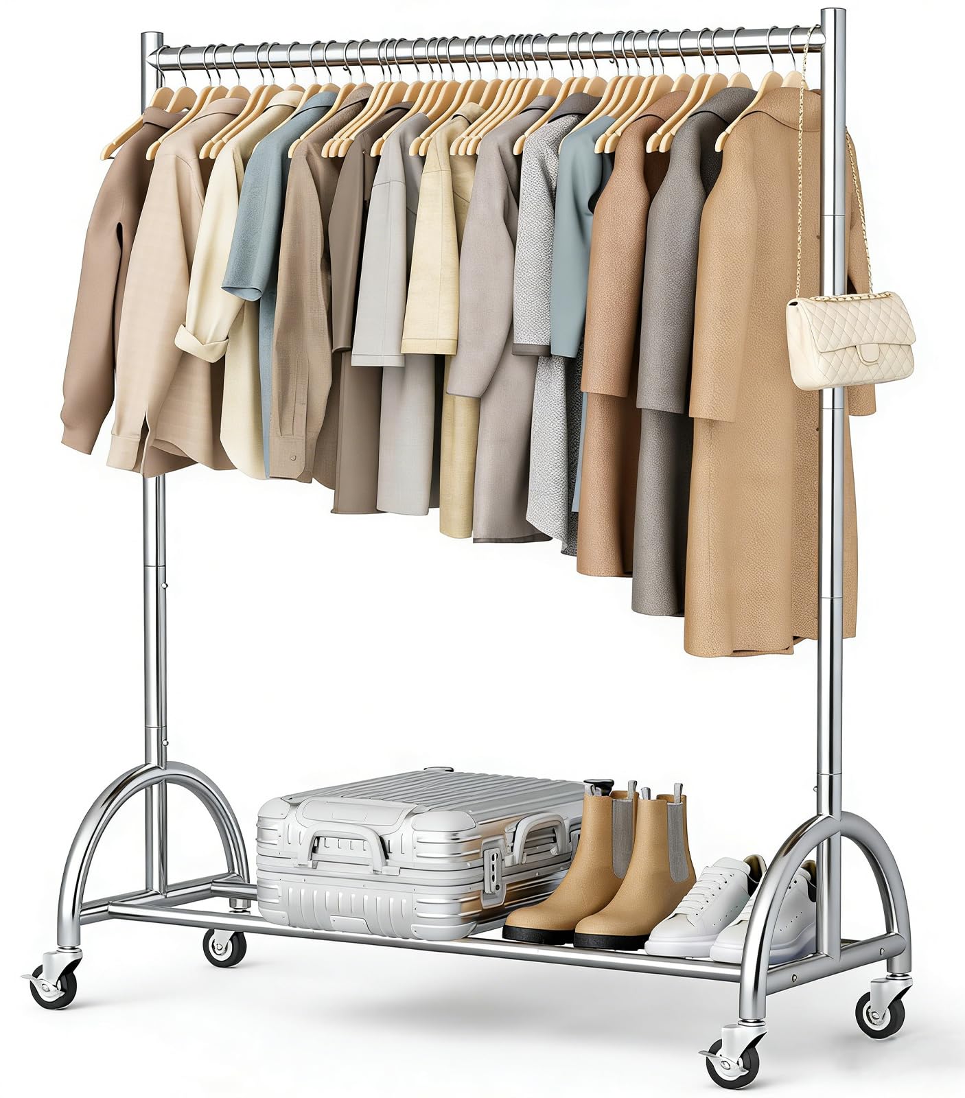 MISSLO Heavy Duty Clothing Rack with Wheels Rolling Clothes Racks for Hanging Clothes, Coats, Garment, Dress, Silver