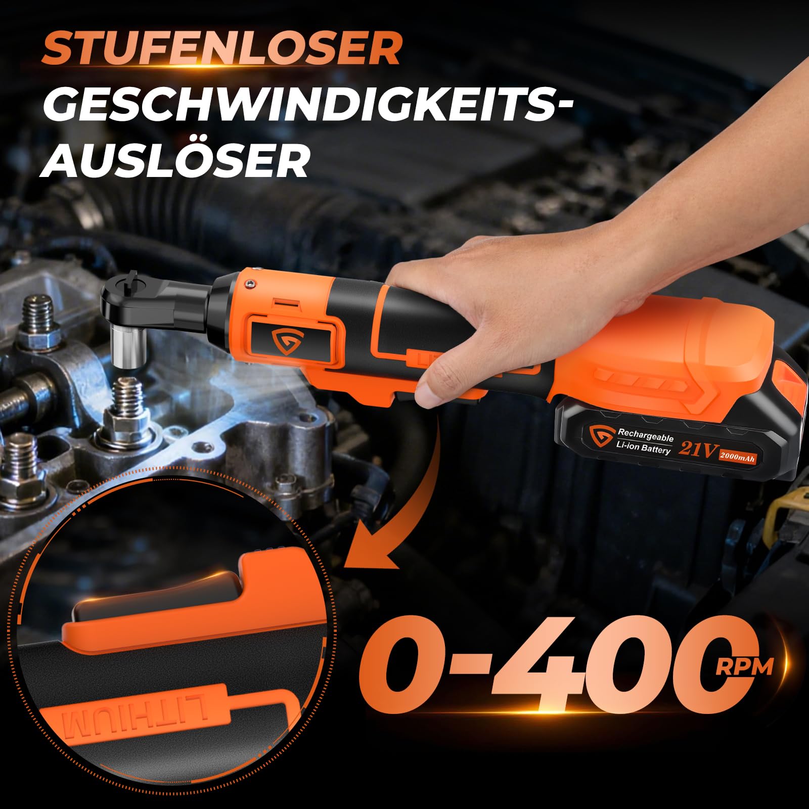21V Akku Ratschenschlüssel, 3/8" Elektrischer Ratschen 40N.m 0–400RPM, Kabellose Ratsche mit 2×2000mAh Akku, 7 Steckschlüsseln, Schnellladegerät & LED-Licht für Auto & Heimwerker