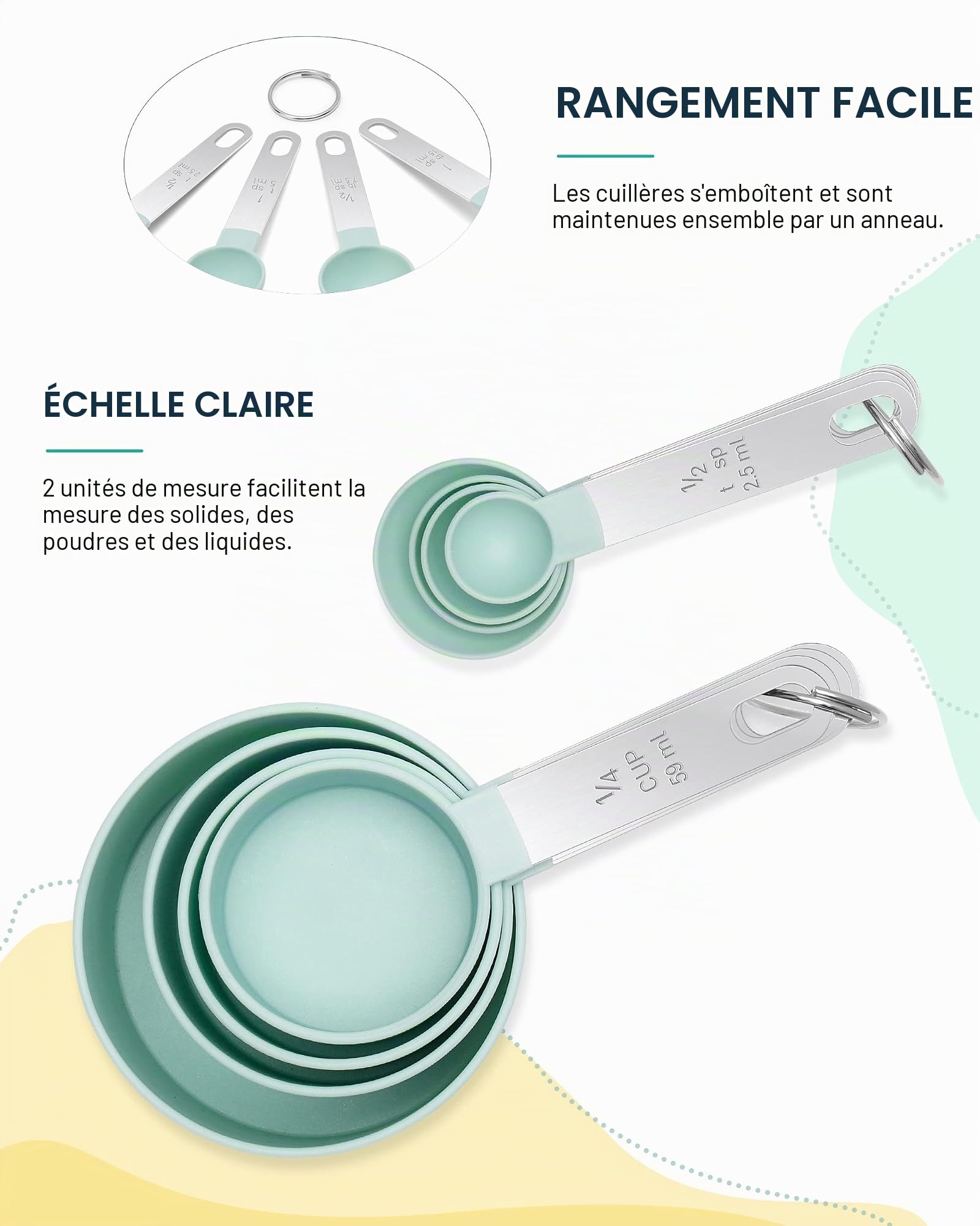 Lot de 8 tasses et cuillères à mesurer en acier inoxydable outil de mesure pour liquides et solides ustensiles de cuisine