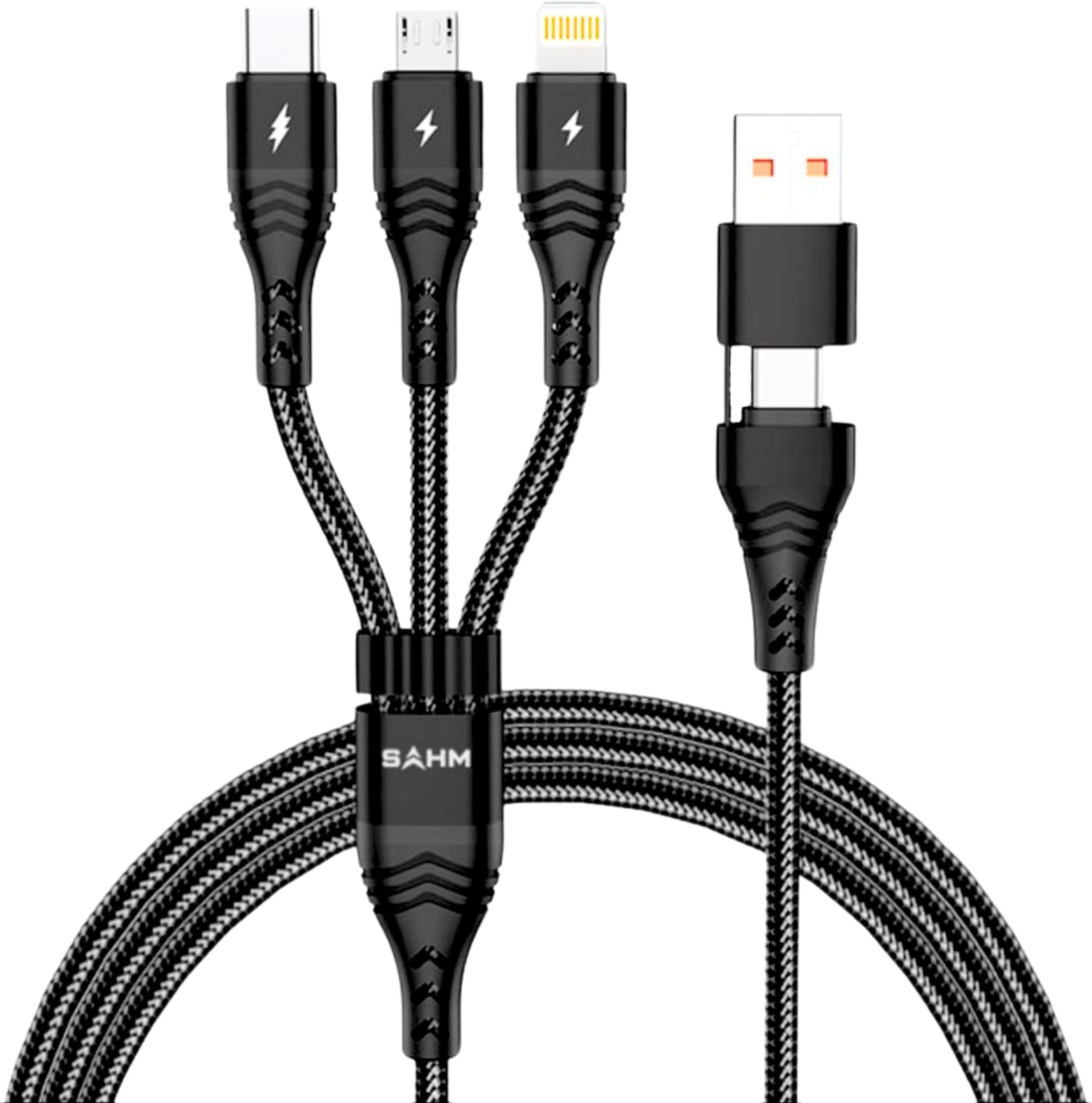 SAHM Multi USB Charger Cable 3 in 1 from USB C USB A to Lightning, Type C and Micro USB Port 3A Fast Charging Braided Nylone Unbreakable Charging Cord Multiple Connector for Phones Tablets Headphones