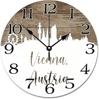 Vienna Skyline Silhouette Wall Clock Austria Vienna Cityscape Wall Clocks Battery Operated 10 Inch Quiet Non-Ticking Farmhouse Hanging Clock Wall Decor Gift for Foreign Friend