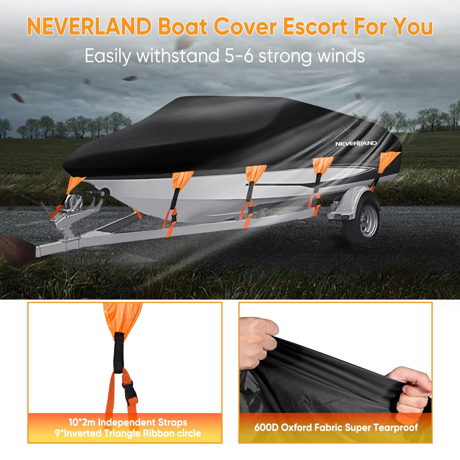 NEVERLAND Pokrowiec na łódź, wytrzymały, wodoodporny, z płótna i poliestru klasy morskiej, do transportu łodzi na przyczepie, do łodzi typu V Shape/V-Hull i Tri-Hull Runabouts, Pro-STYL, Bass Boat