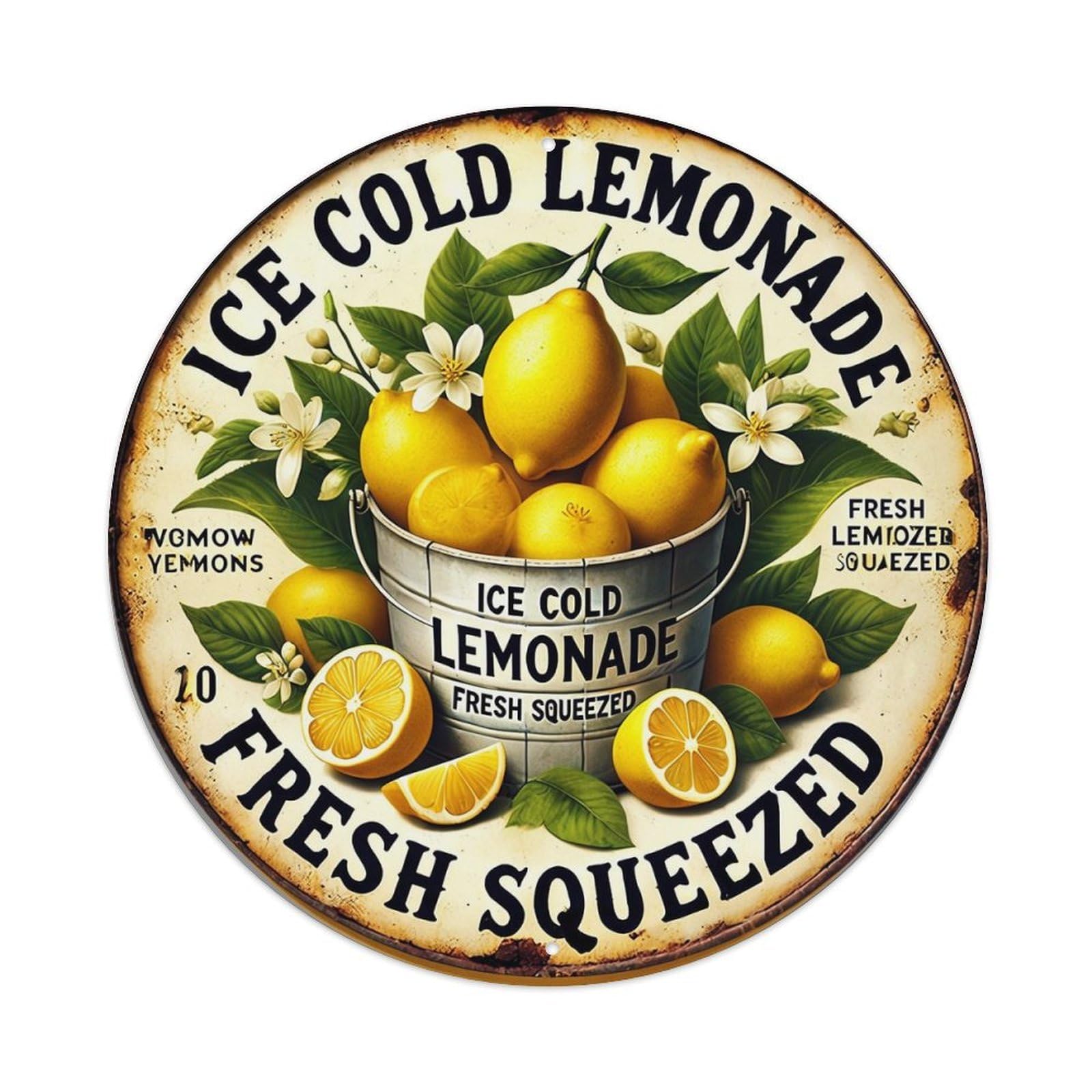 Ice Cold Lemonade Fresh Squeezed Vintage Round Tin Sign Retro Metal Wall Decor Metal Poster, Home Bar Garage Cafe Wall Art Decoration 8x8Inches