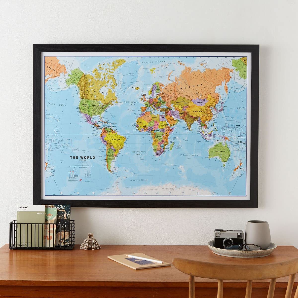 World Medium Political Wall Map Wood Frame - Black