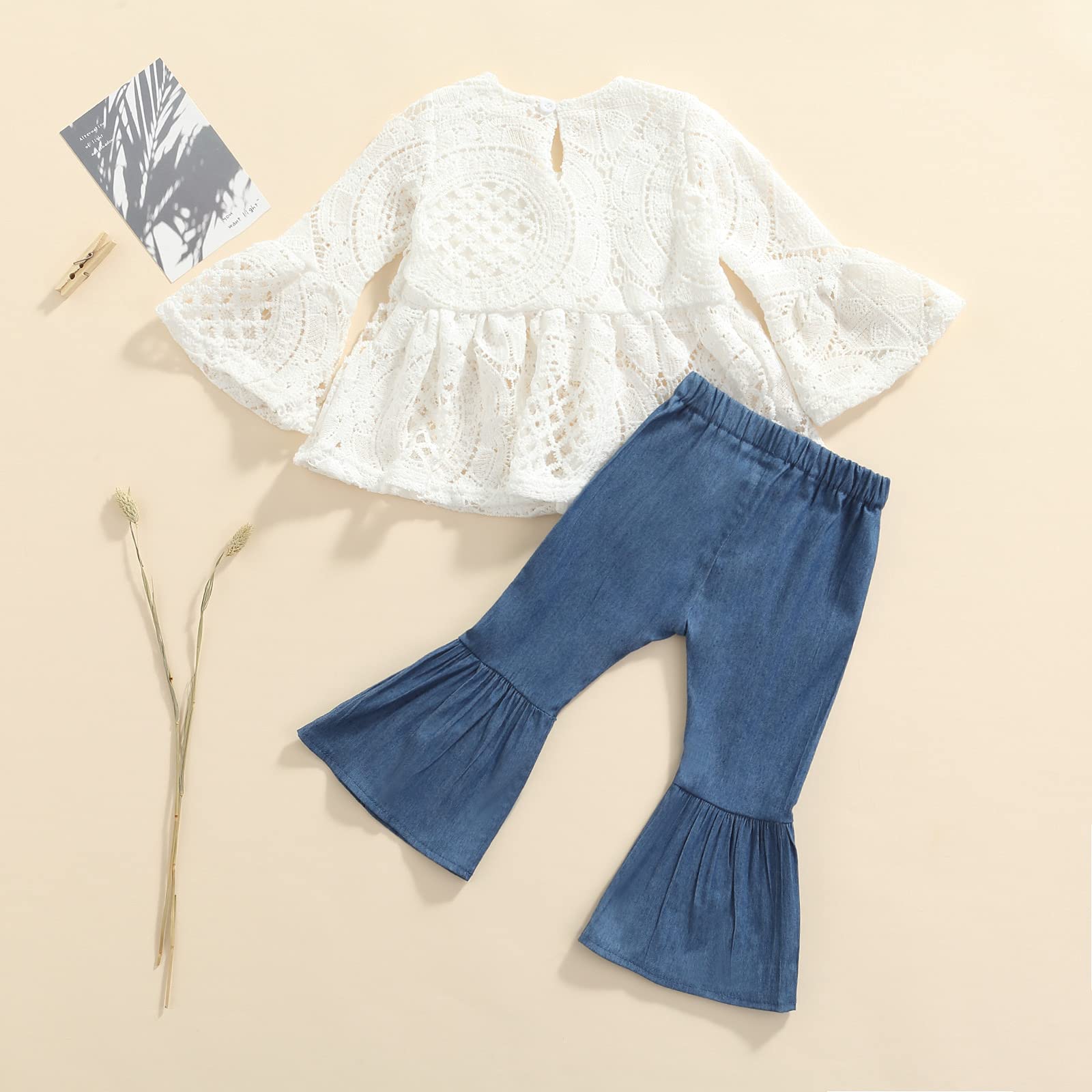 NANYKNIGHTY Toddler Baby Girl Outfit Infant Girl Solid Clothes Lace Top Flare Pant Bell-bottoms 2Pcs (White Top, 4-5T)