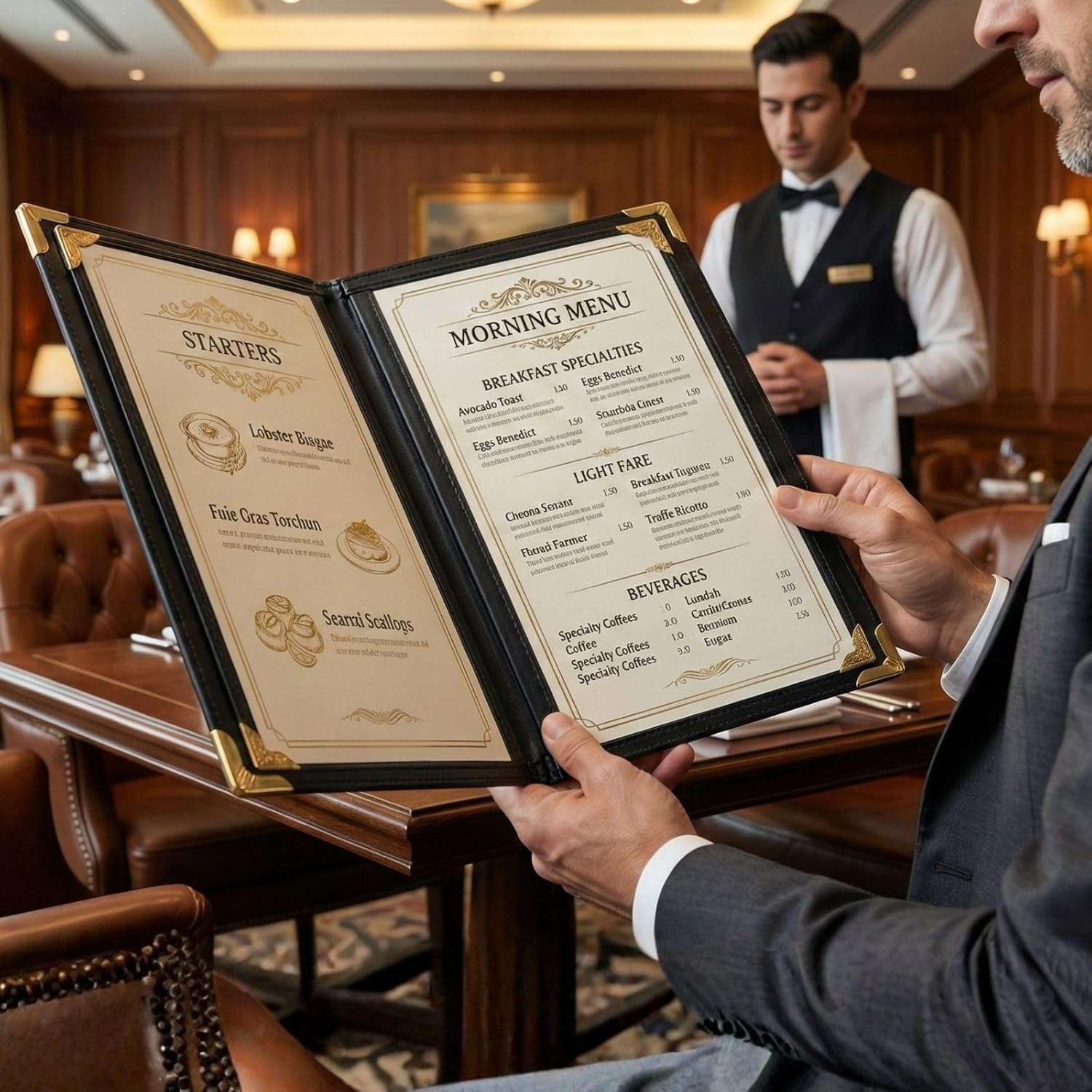 Restaurant Menu Covers 8.5 x 11 – 2 Pack Menu Holder, 2 Page 4 View Faux Leather Menu Book with Clear PVC Sleeves | Waterproof & Durable for Restaurant, Bar, Café, Hotel