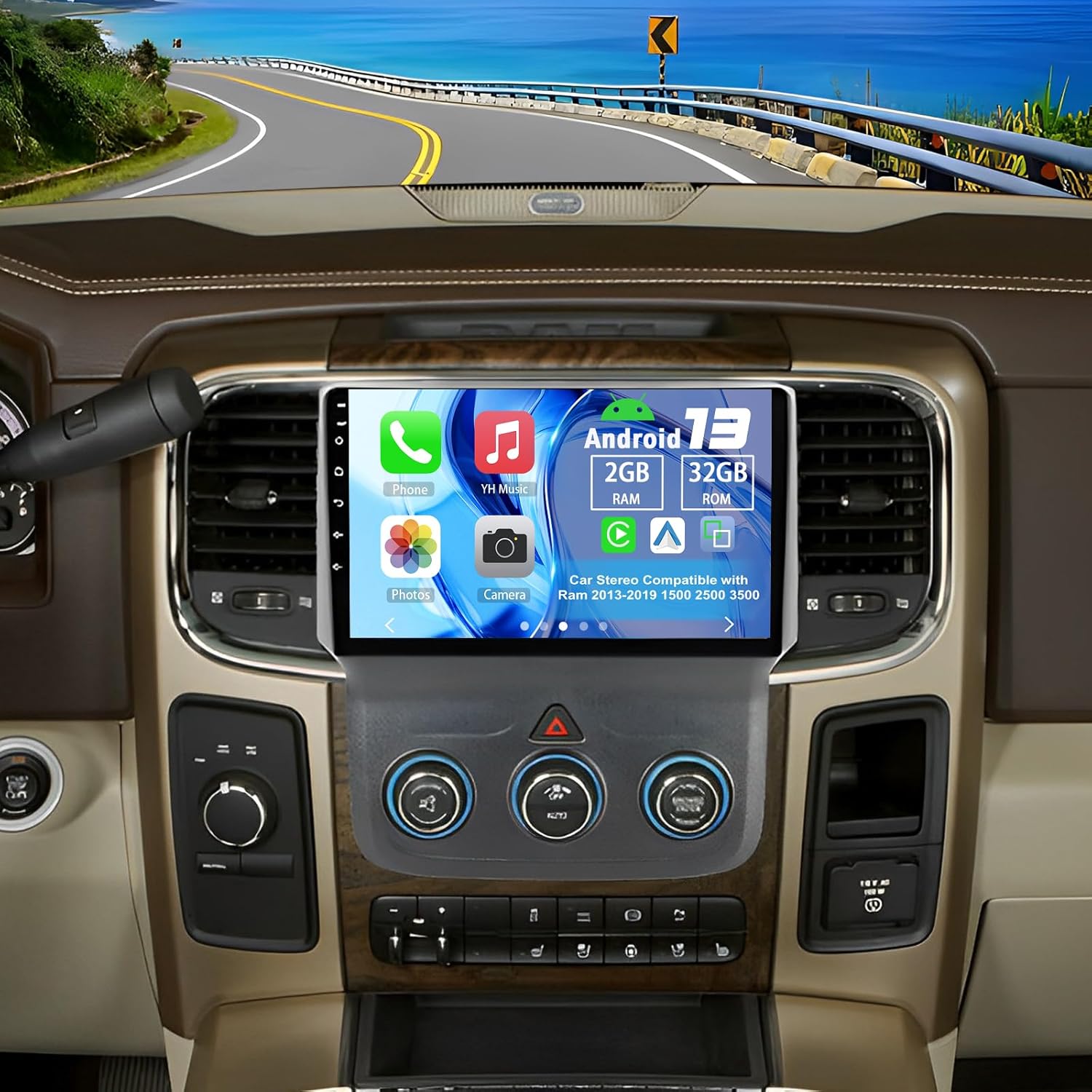 Android 13 Double Din Car Stereo Compatible with Ram 2013-2019 1500 2500 3500 2G 32G 9 Touch Screen