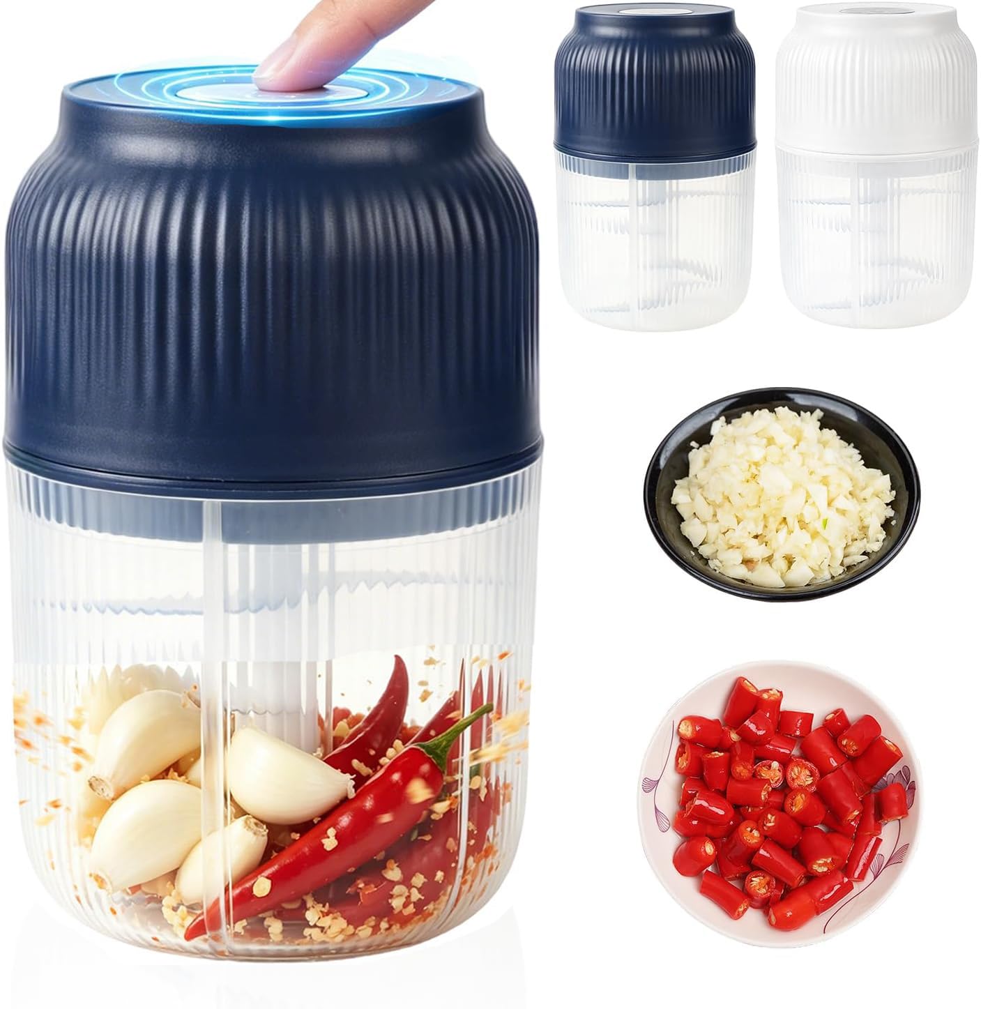 Photo 1 of Electric Garlic Chopper, Mini Portable Veggie Chopper Garlic Grinder Masher Onion Chopper, Rechargeable Cordless Food Processor & Food Chopper for Garlic Onion Ginger Chili Vegetables, 400ml (Blue)