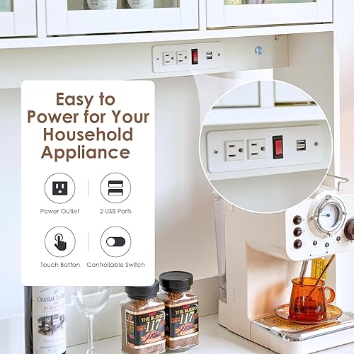 Miniatura 5 de Armario de despensa de cocina con toma de corriente y luz, gabinete independiente grande de 73 pulgadas con armario de buffet, armario alto con