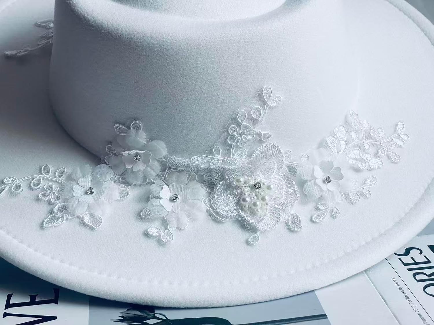 Vintage Wide Brim Fedora Hats -Handmade Felt Hat Panama Rancher Hat for Party Wedding DE White
