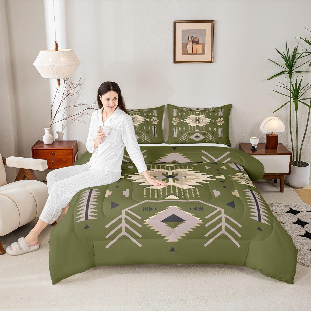 American Tribal Comforter Set King Size Southwest Cowboy Style Bedding Set 3pcs Retro Green Microfiber Quilt Set for Kids Teens Boys Women Room Decor Geometric Arrow Duvet Insert,2 Pillowcases