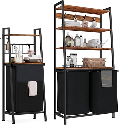 Furnulem Cesto de lavandería de 2 niveles con estante de madera y ganchos+4 niveles cesta de lavandería con estante y ganchos