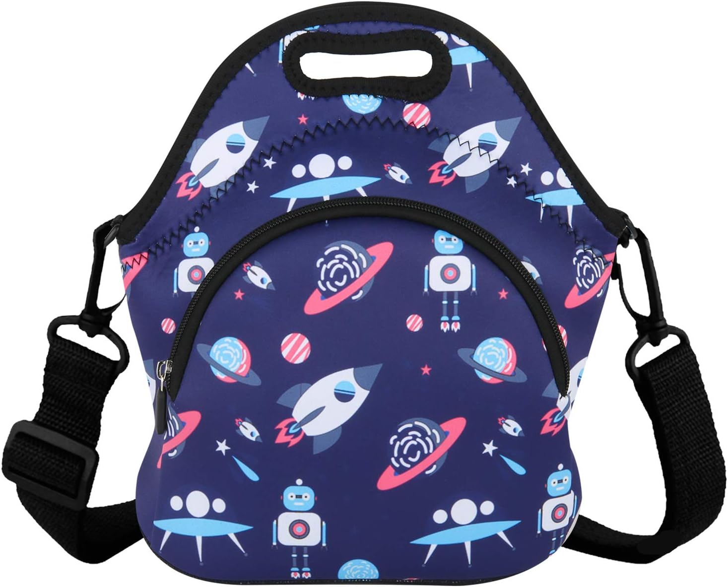 Neoprene Lunch Bag Spaceship Rocket Insulated Lunch Box Large Handbag Fordable for Boys