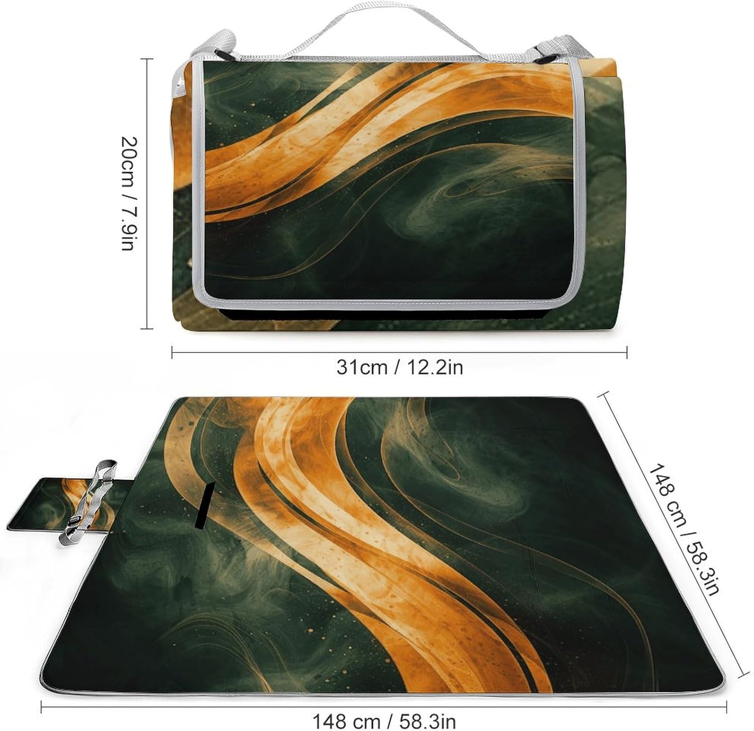 Outdoor Picnic Blanket Extra Large Beach Blanket Waterproof Picnic Mat Orange Pattern Camping Blanket Portable with Carry Strap Park Blanket for Grass Camping Park